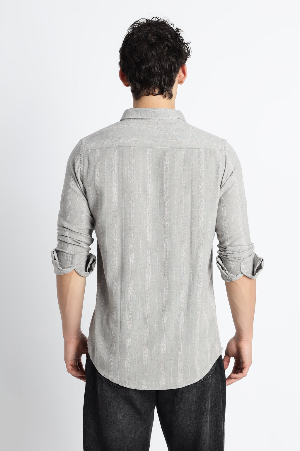 Men Milange Linen Stripes Shirts-Lt Grey