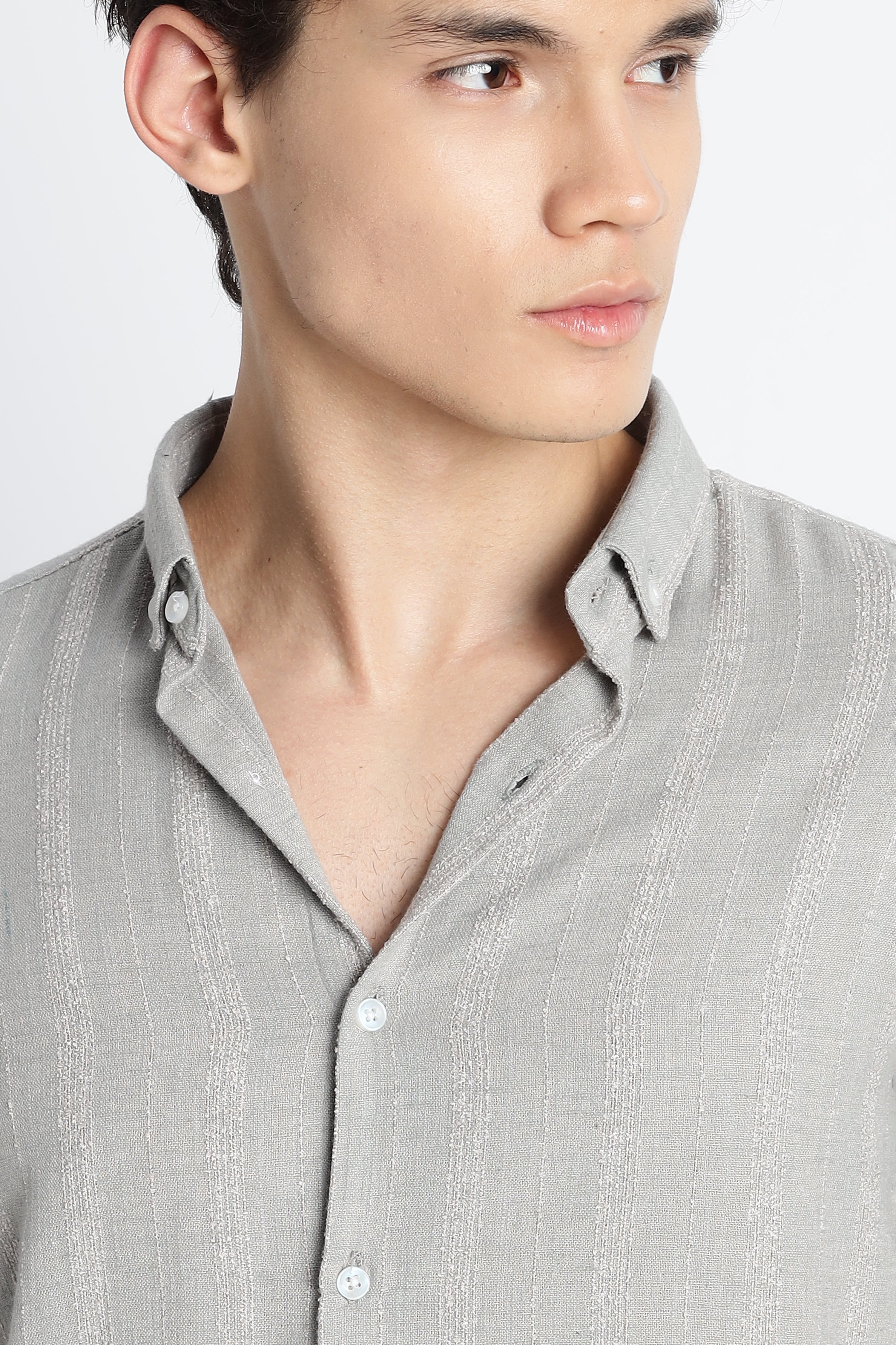 Men Milange Linen Stripes Shirts-Lt Grey