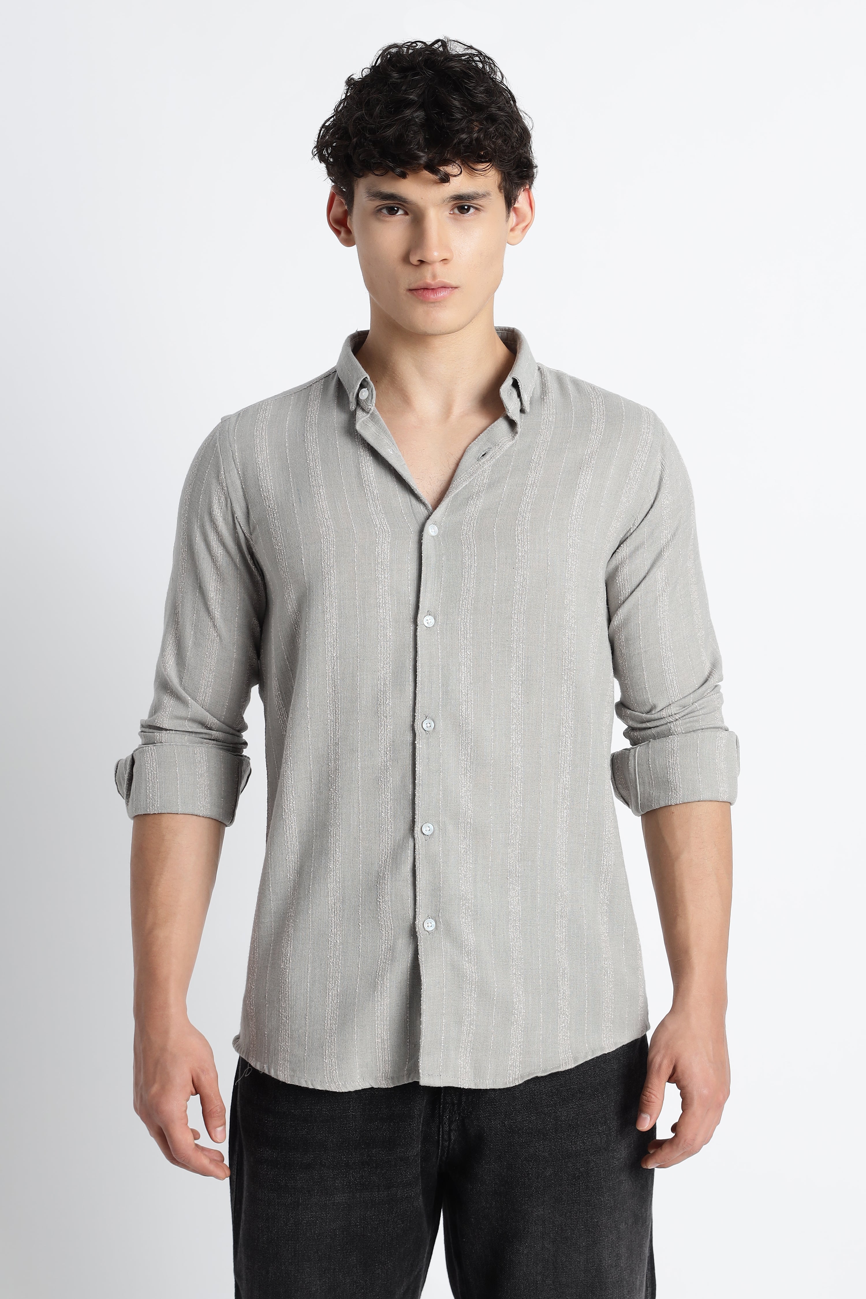Men Milange Linen Stripes Shirts-Lt Grey
