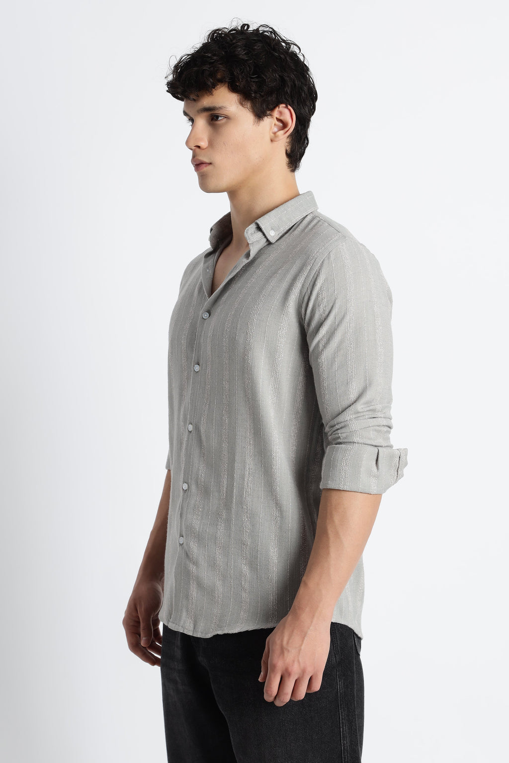 Men Milange Linen Stripes Shirts-Lt Grey