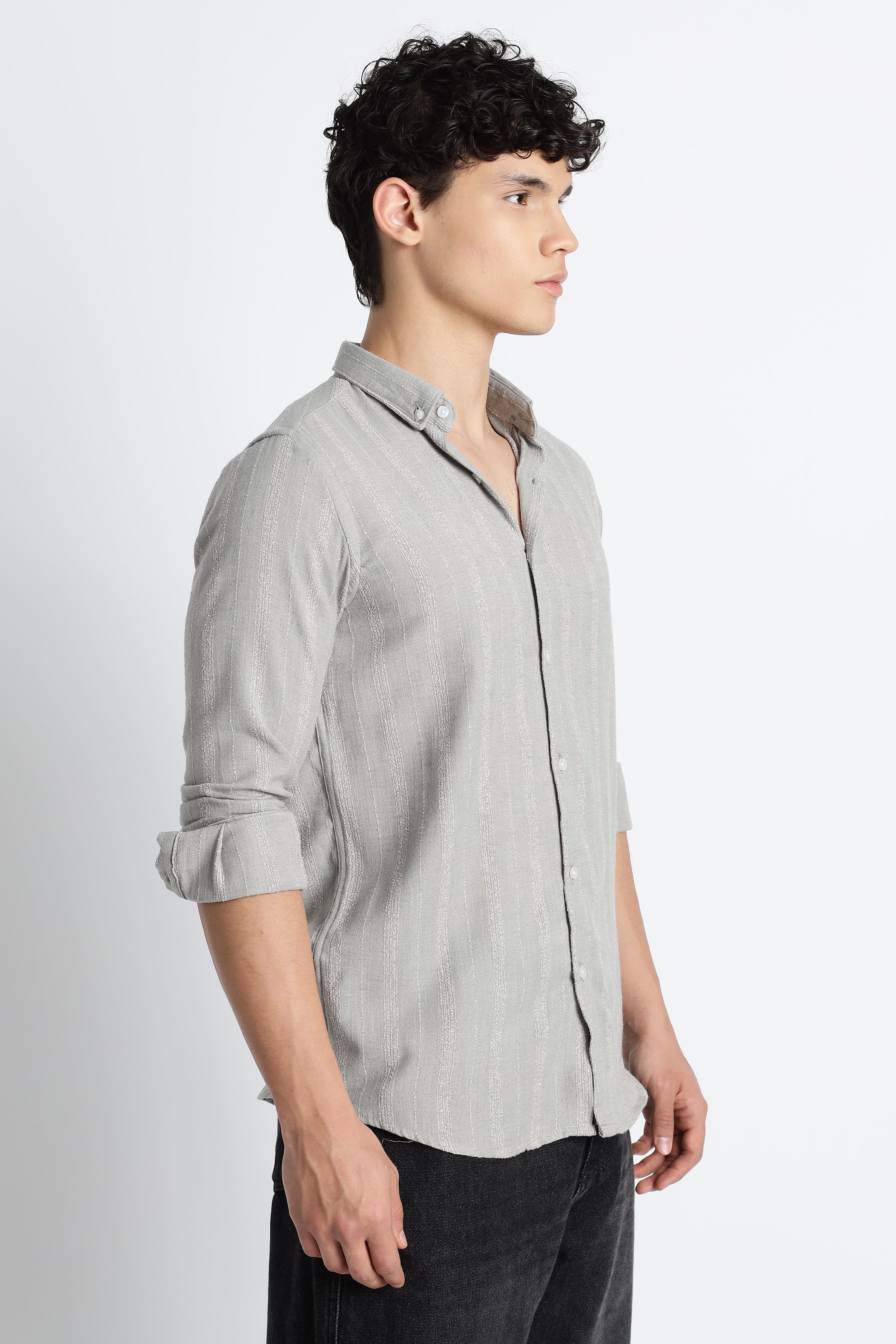 Men Milange Linen Stripes Shirts-Lt Grey