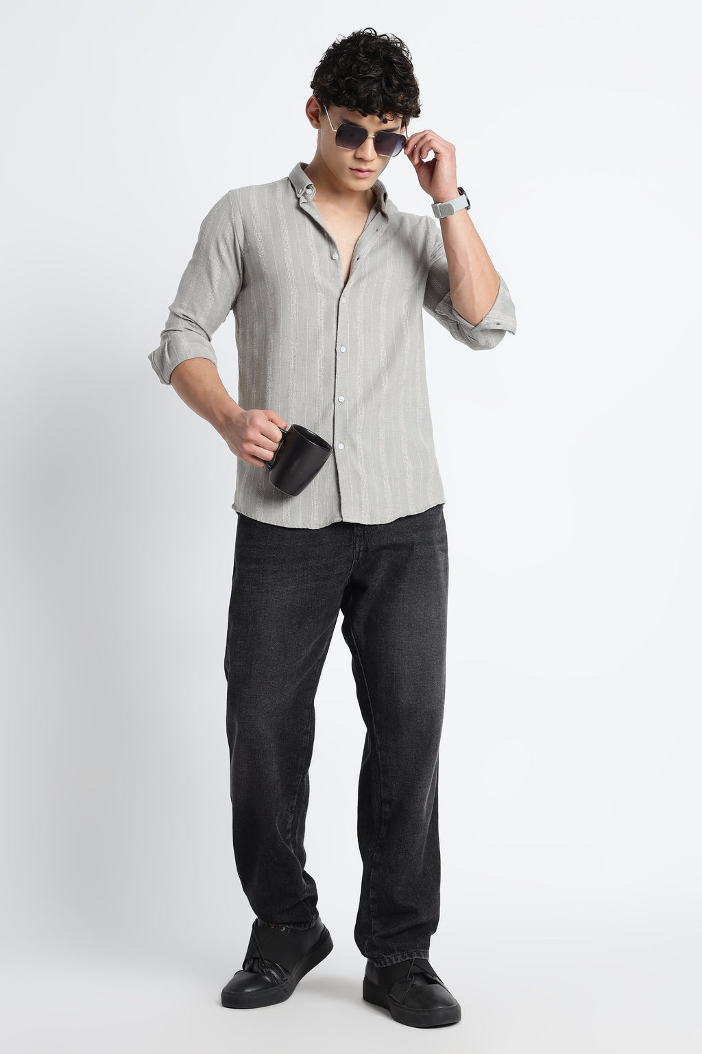 Men Milange Linen Stripes Shirts-Lt Grey