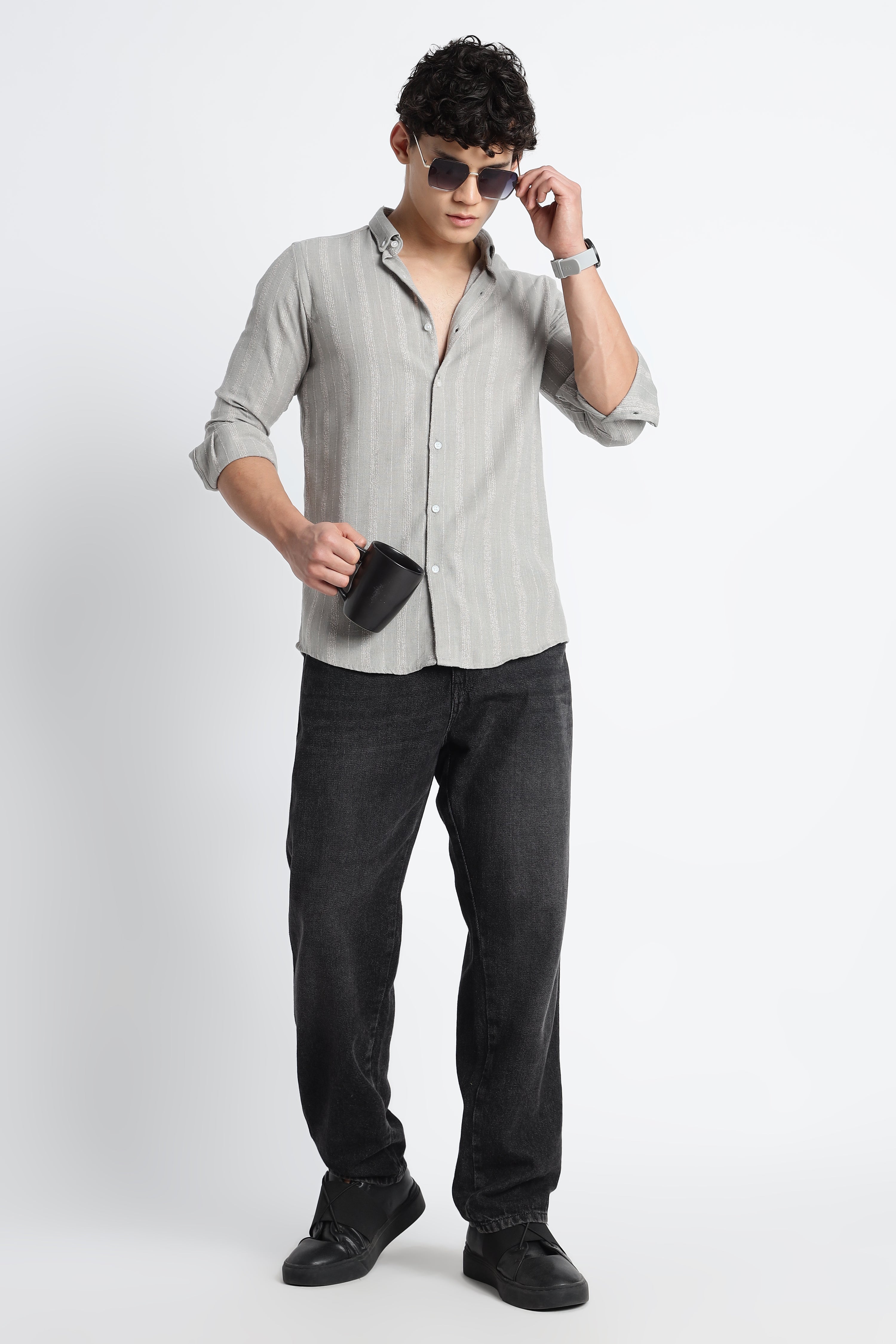 Men Milange Linen Stripes Shirts-Lt Grey