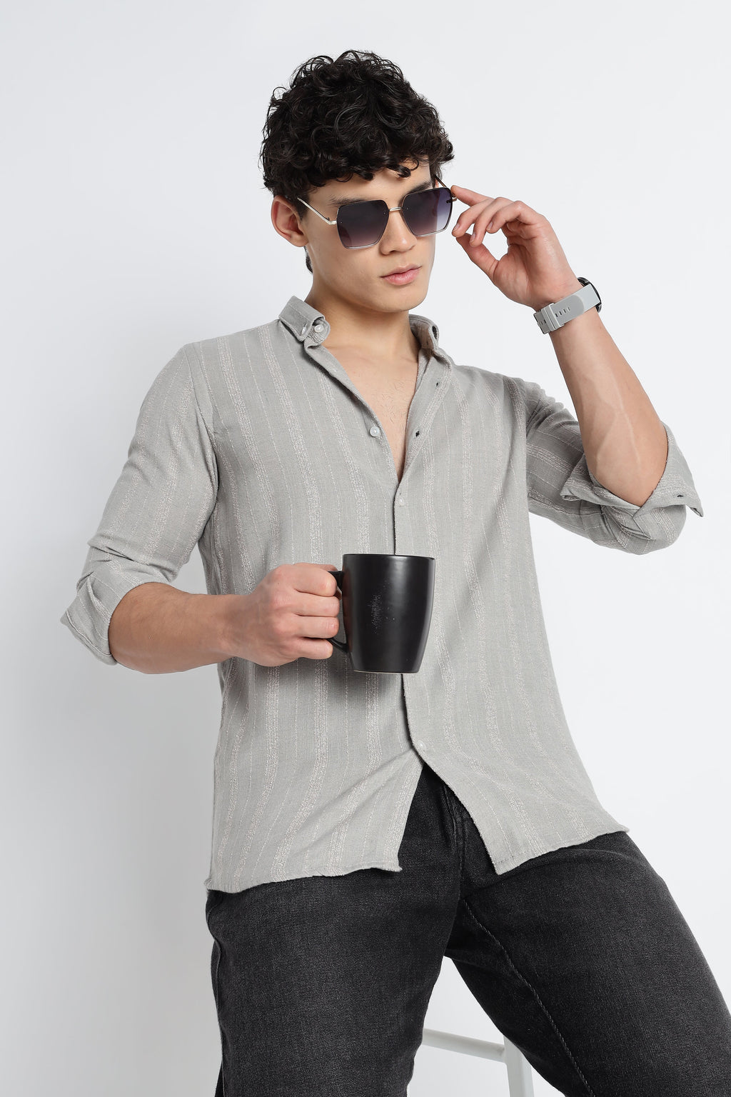 Men Milange Linen Stripes Shirts-Lt Grey