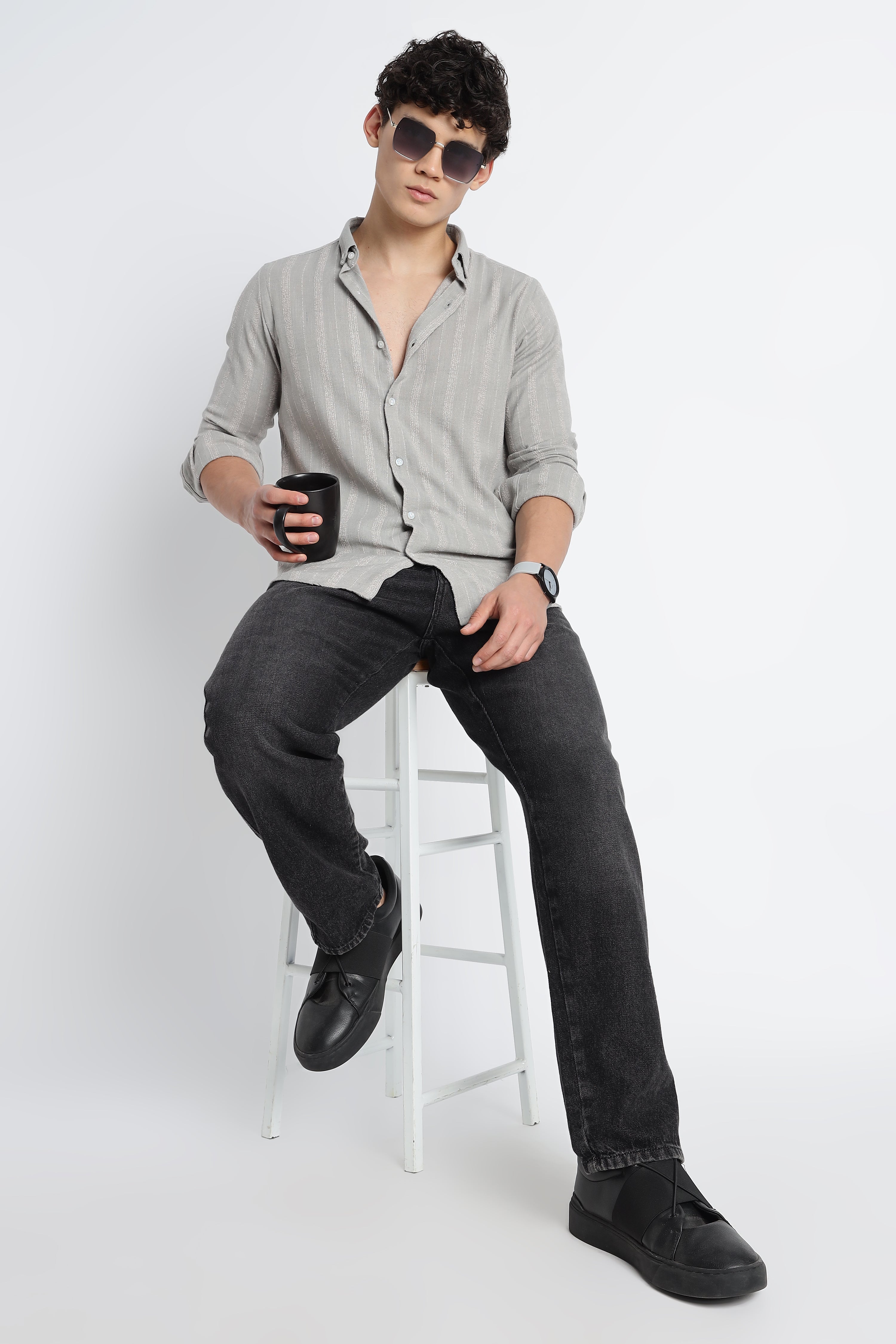 Men Milange Linen Stripes Shirts-Lt Grey