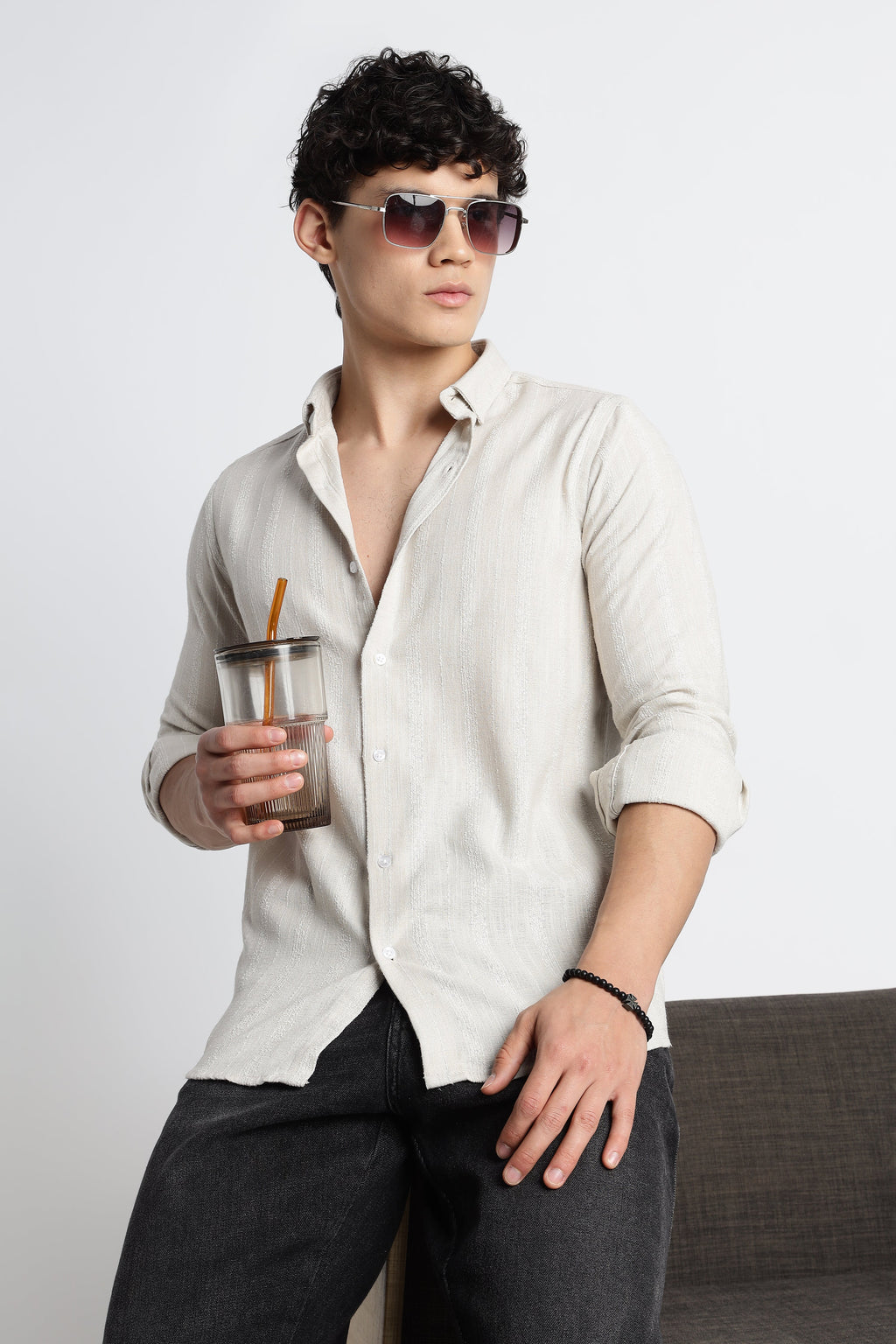 Men Milange Linen Stripes Shirts-Beige