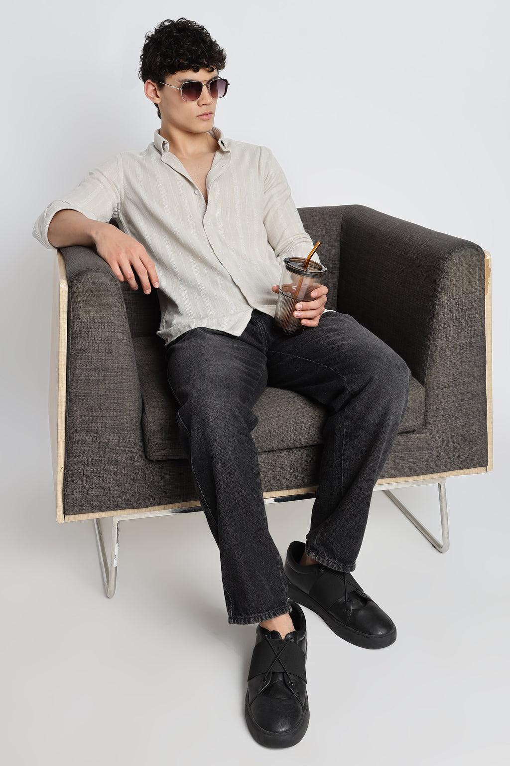 Men Milange Linen Stripes Shirts-Beige