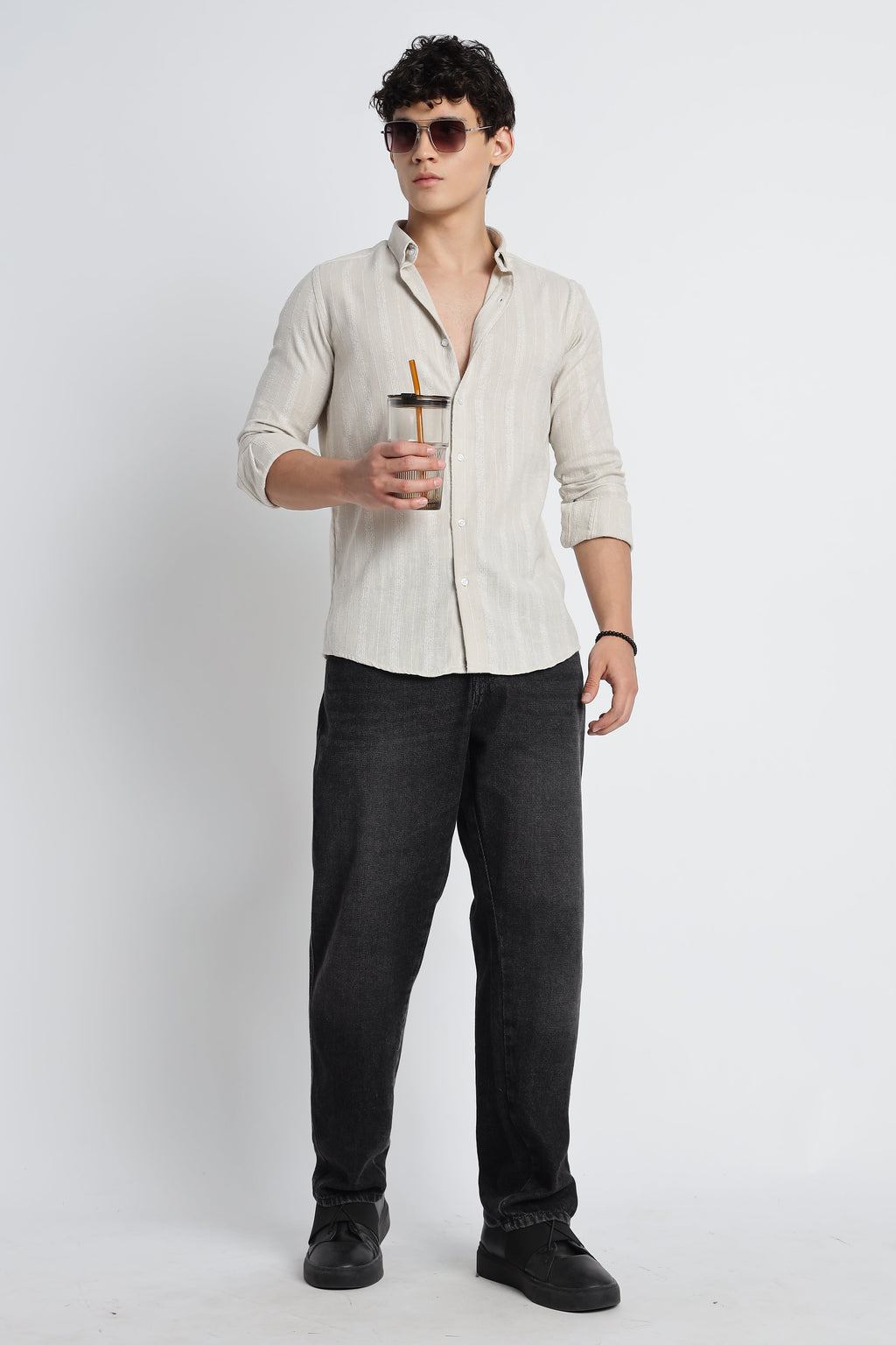 Men Milange Linen Stripes Shirts-Beige