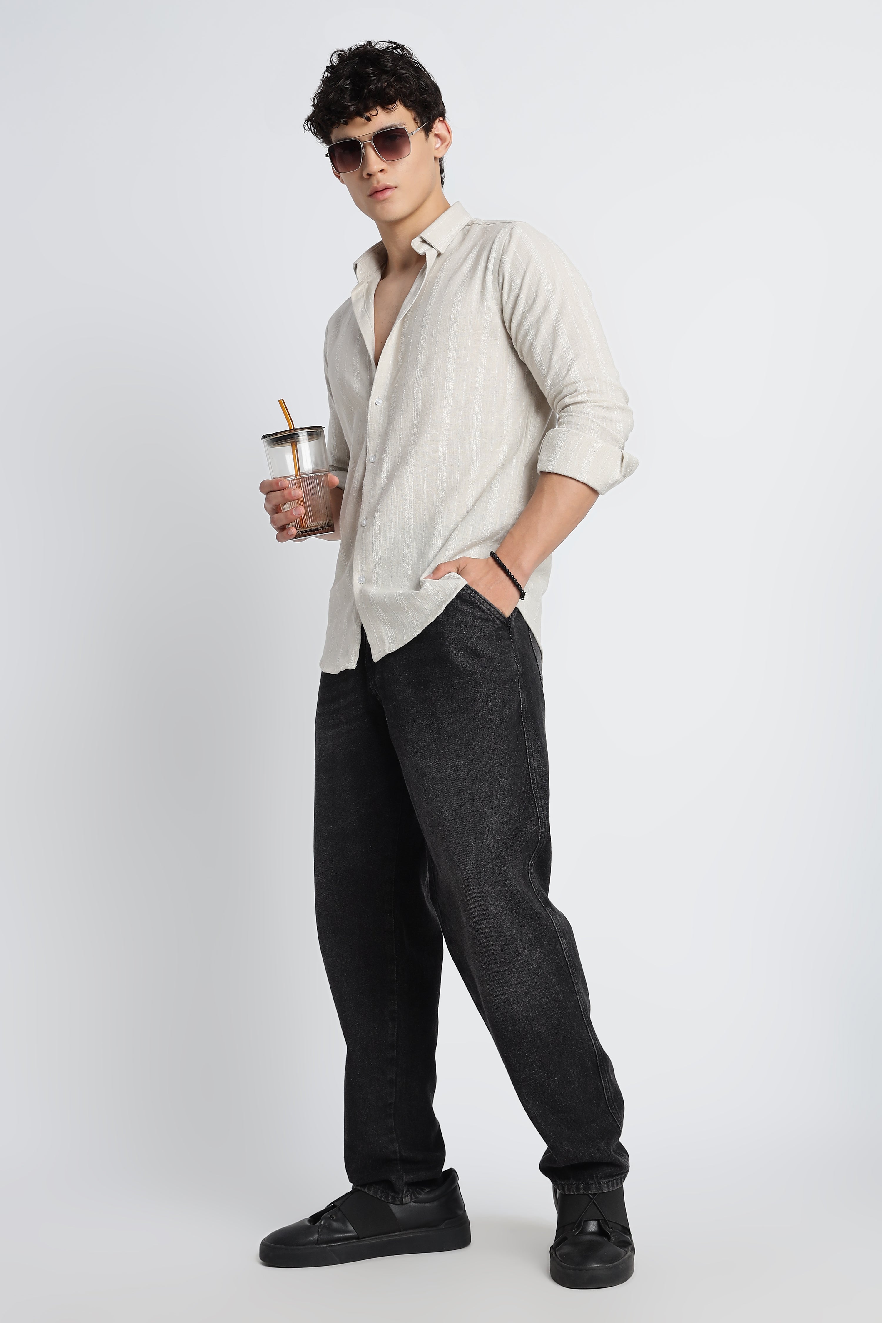Men Milange Linen Stripes Shirts-Beige