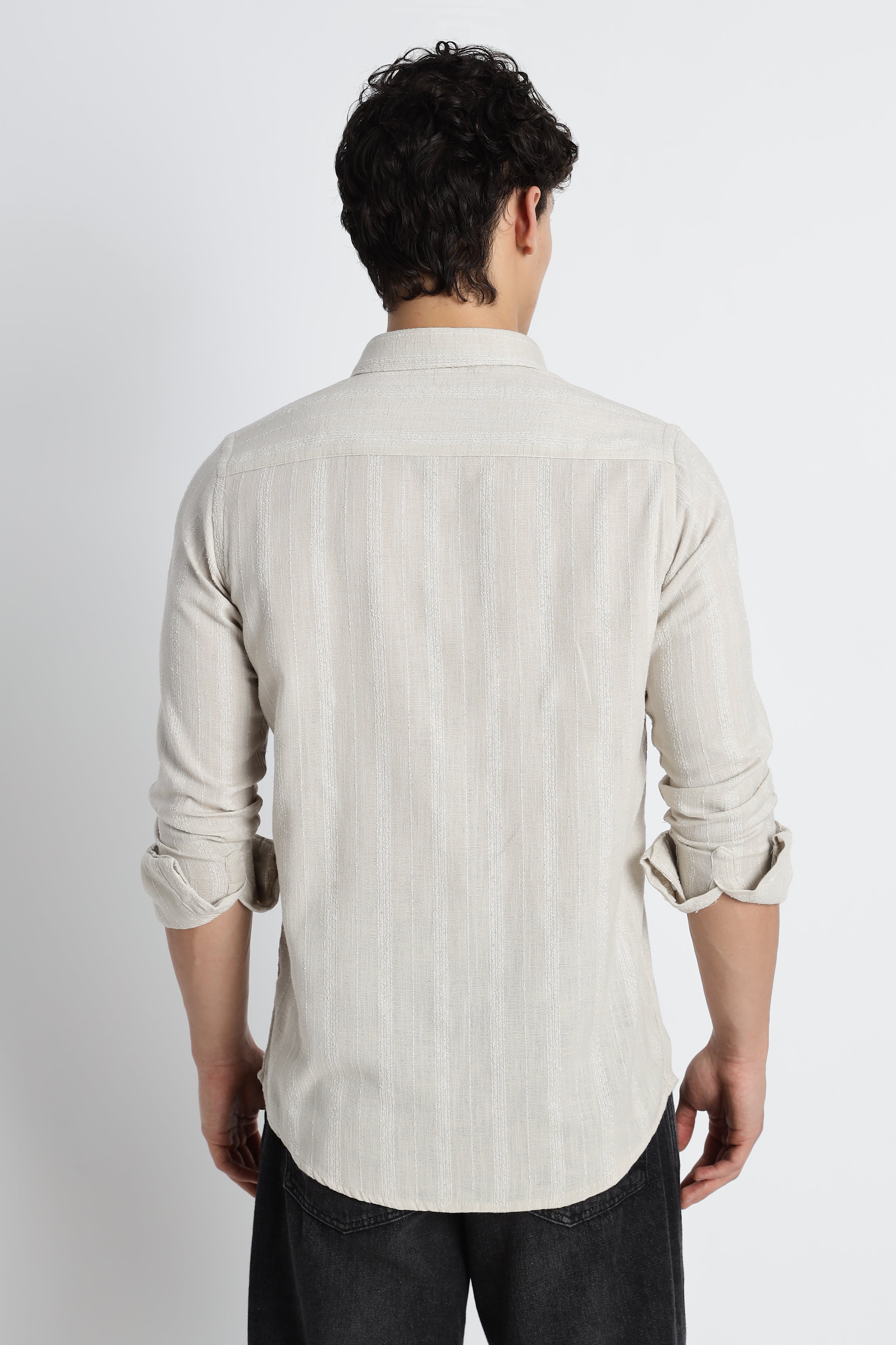 Men Milange Linen Stripes Shirts-Beige