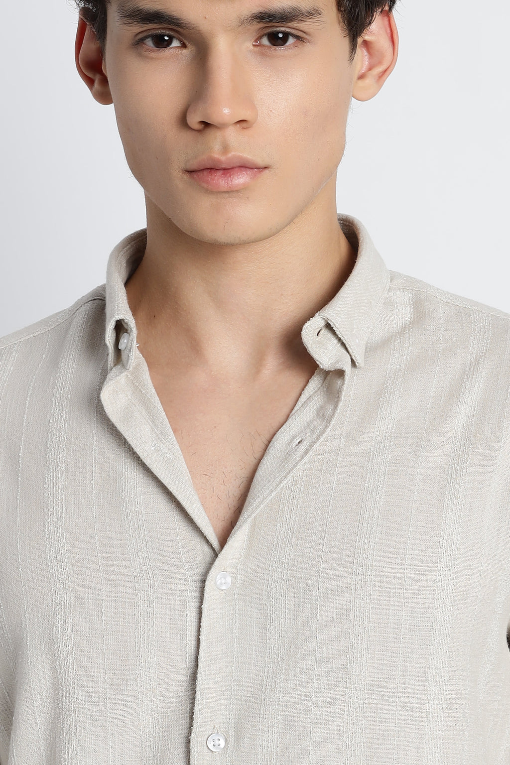 Men Milange Linen Stripes Shirts-Beige