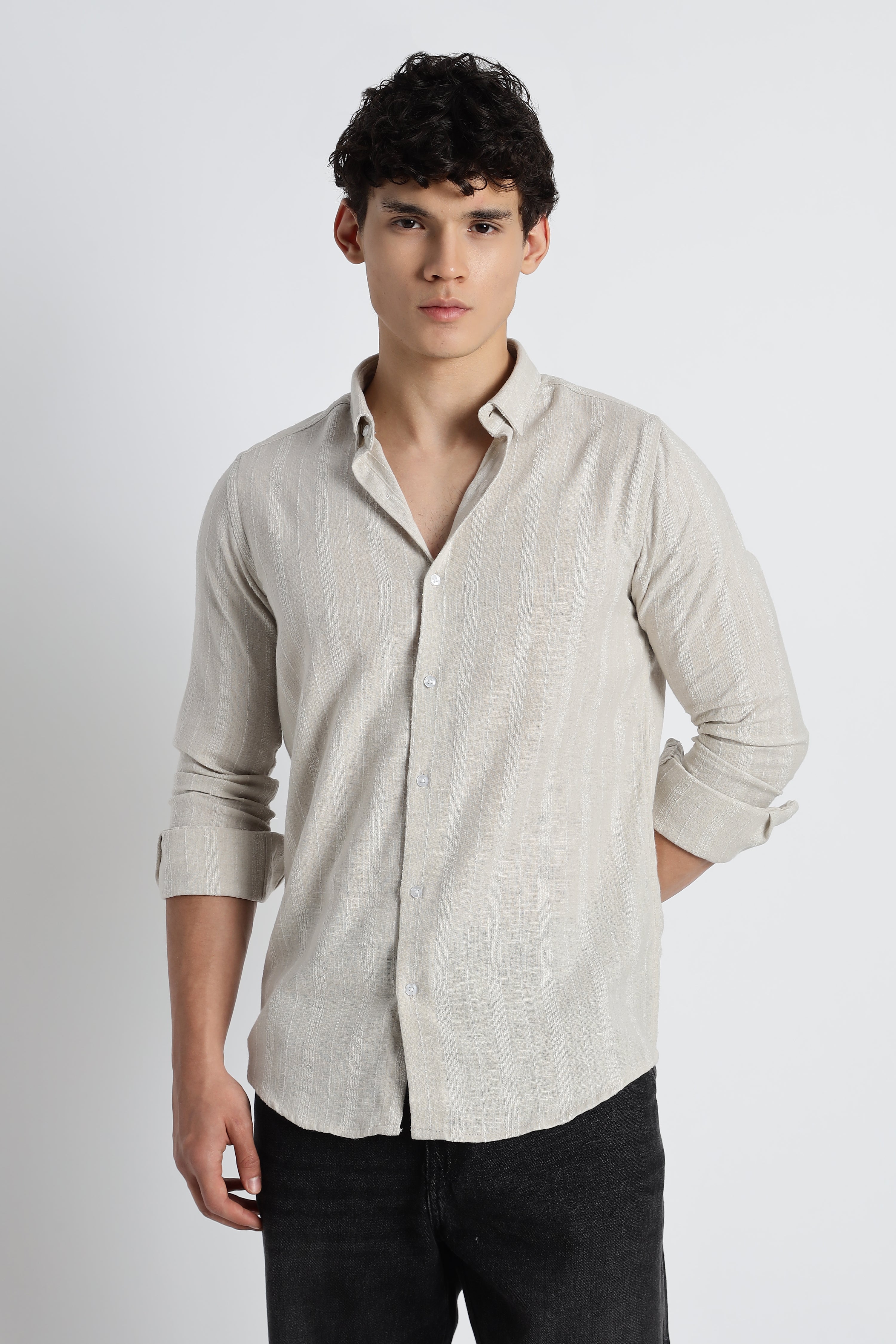 Men Milange Linen Stripes Shirts-Beige