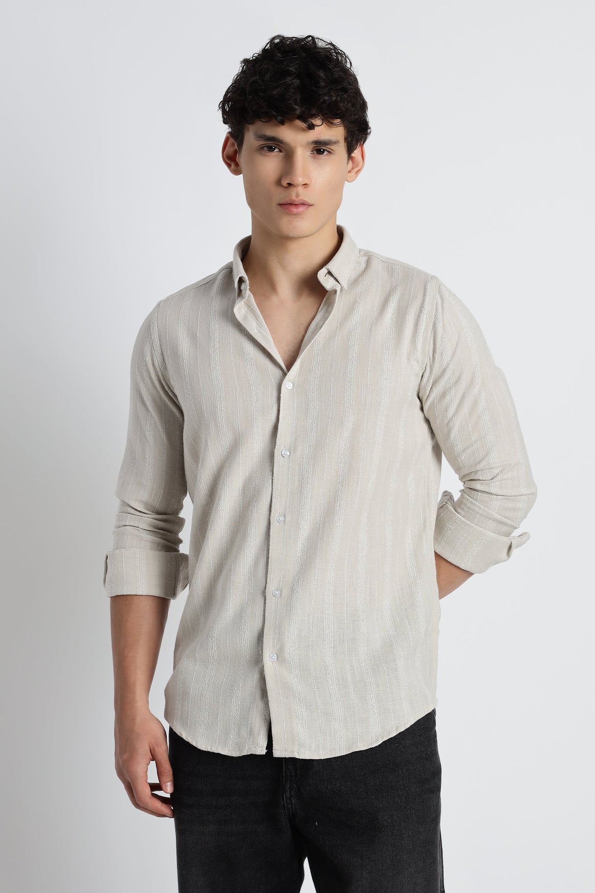 Men Milange Linen Stripes Shirts-Beige