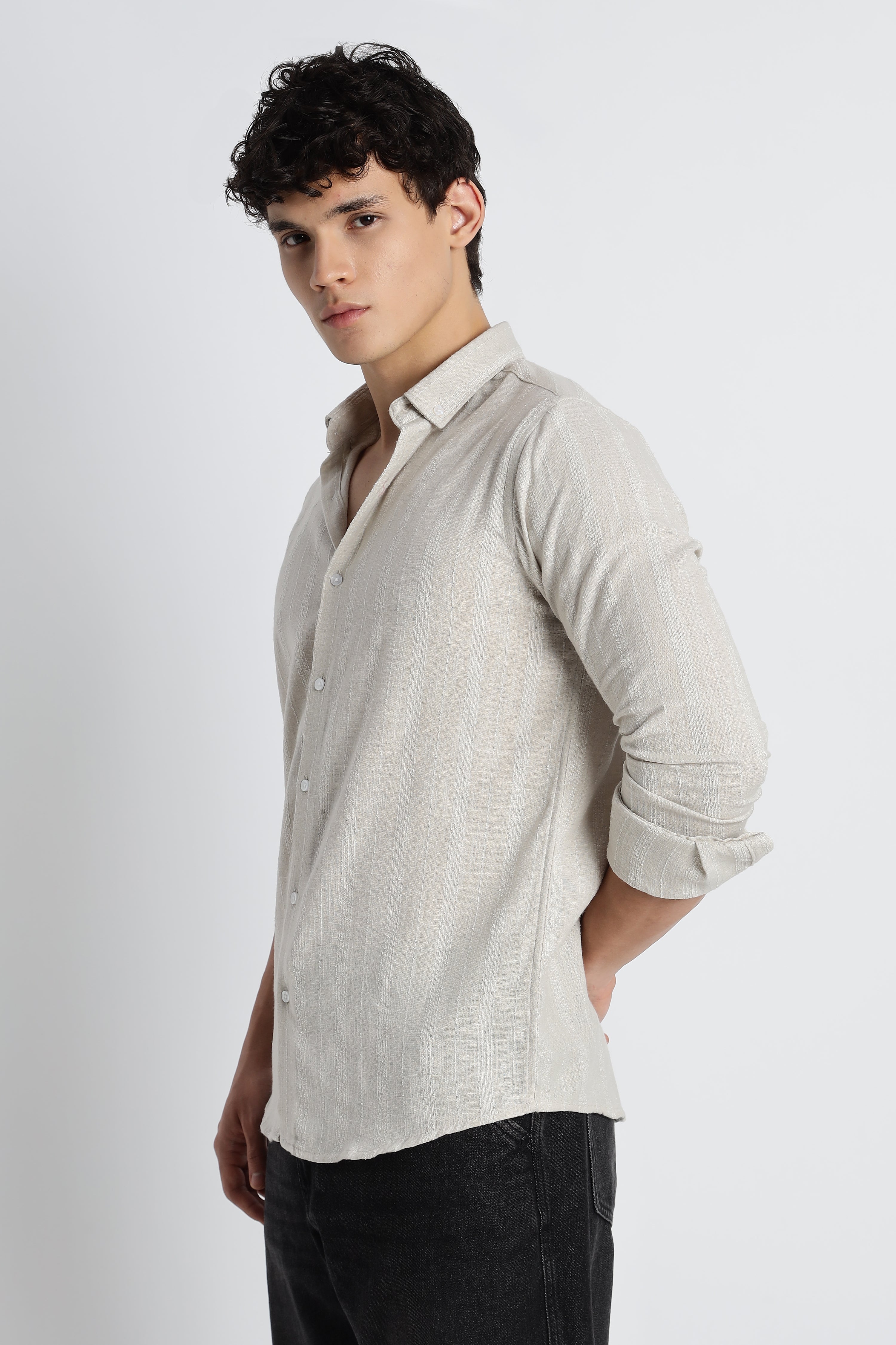Men Milange Linen Stripes Shirts-Beige
