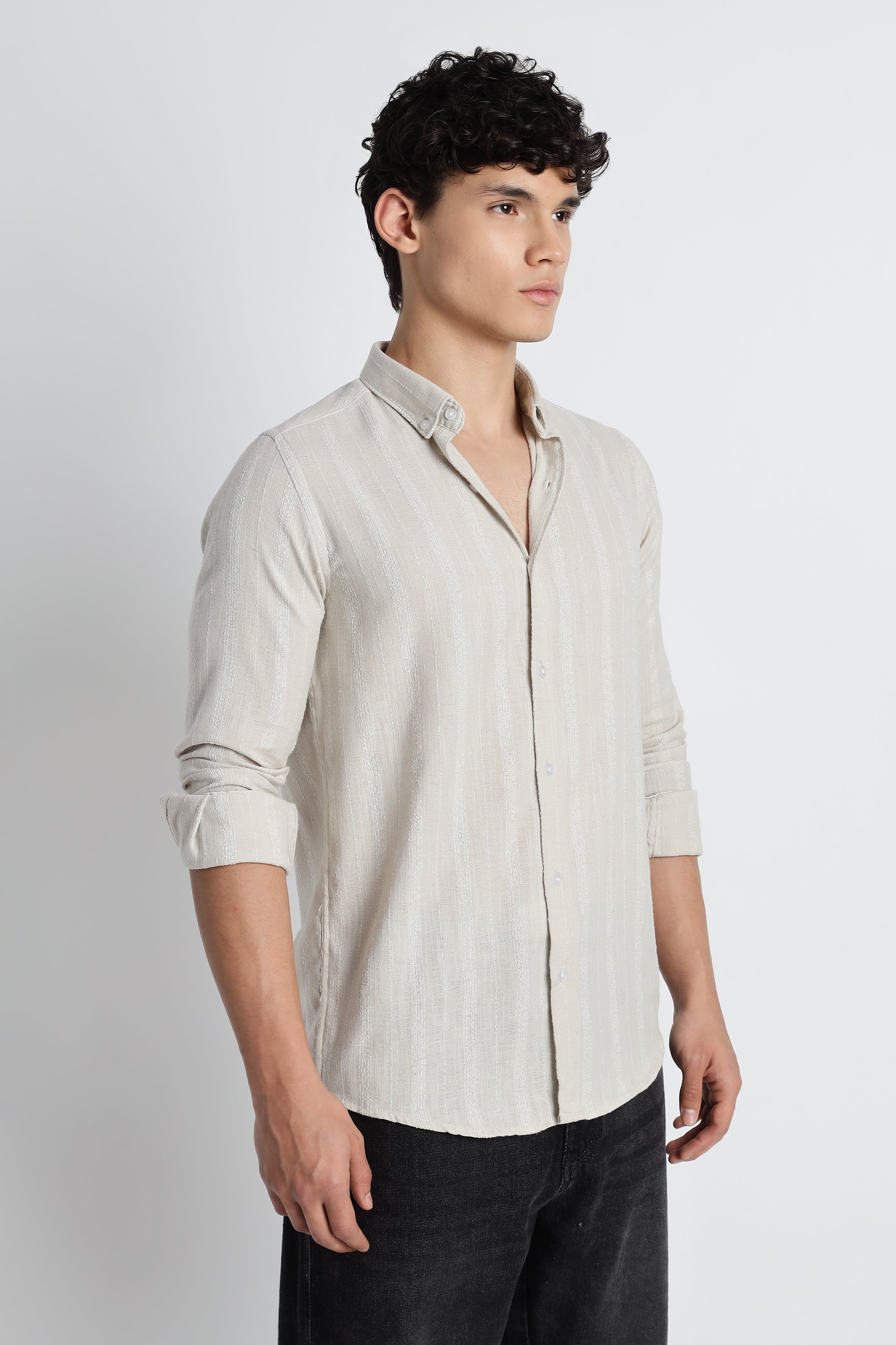 Men Milange Linen Stripes Shirts-Beige