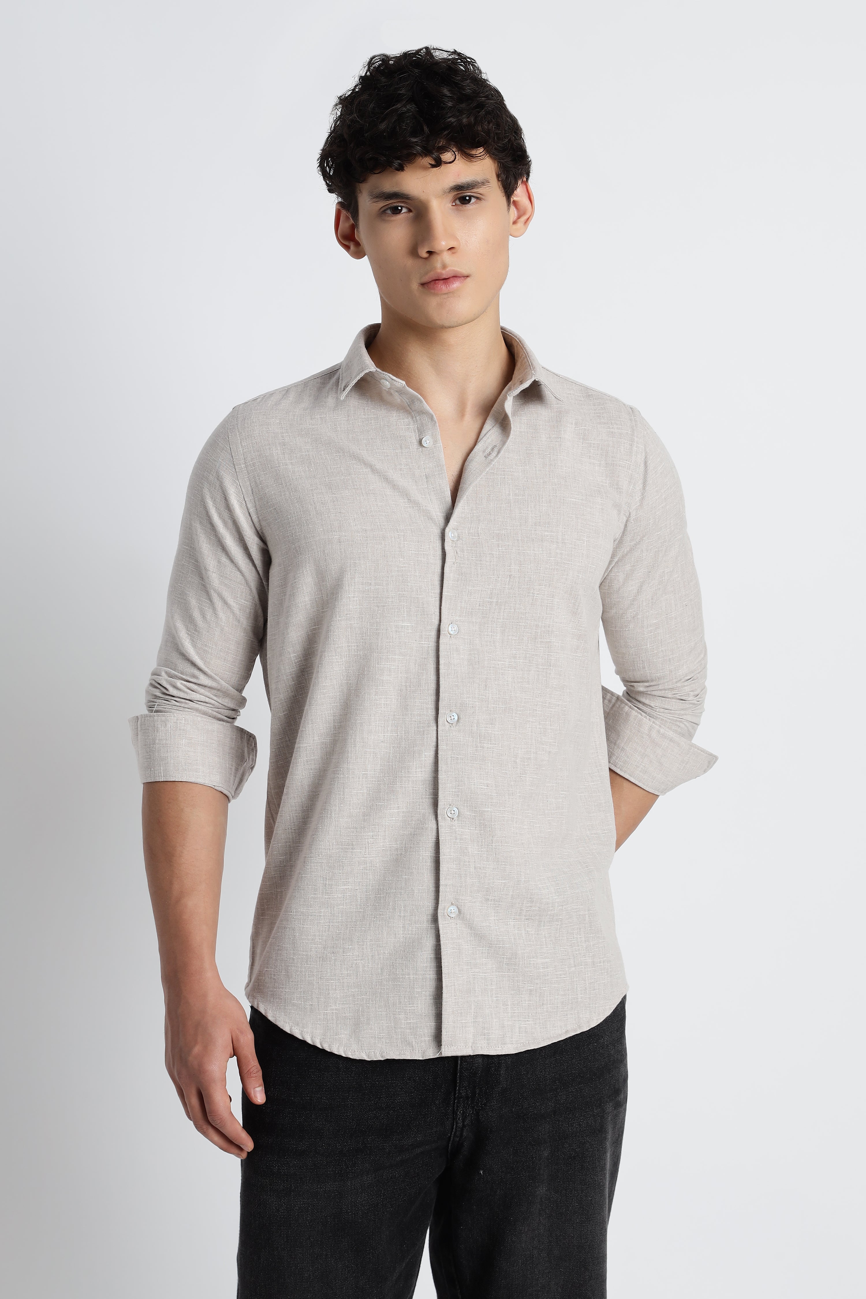 Men Milange Linen Look Shirts-Beige