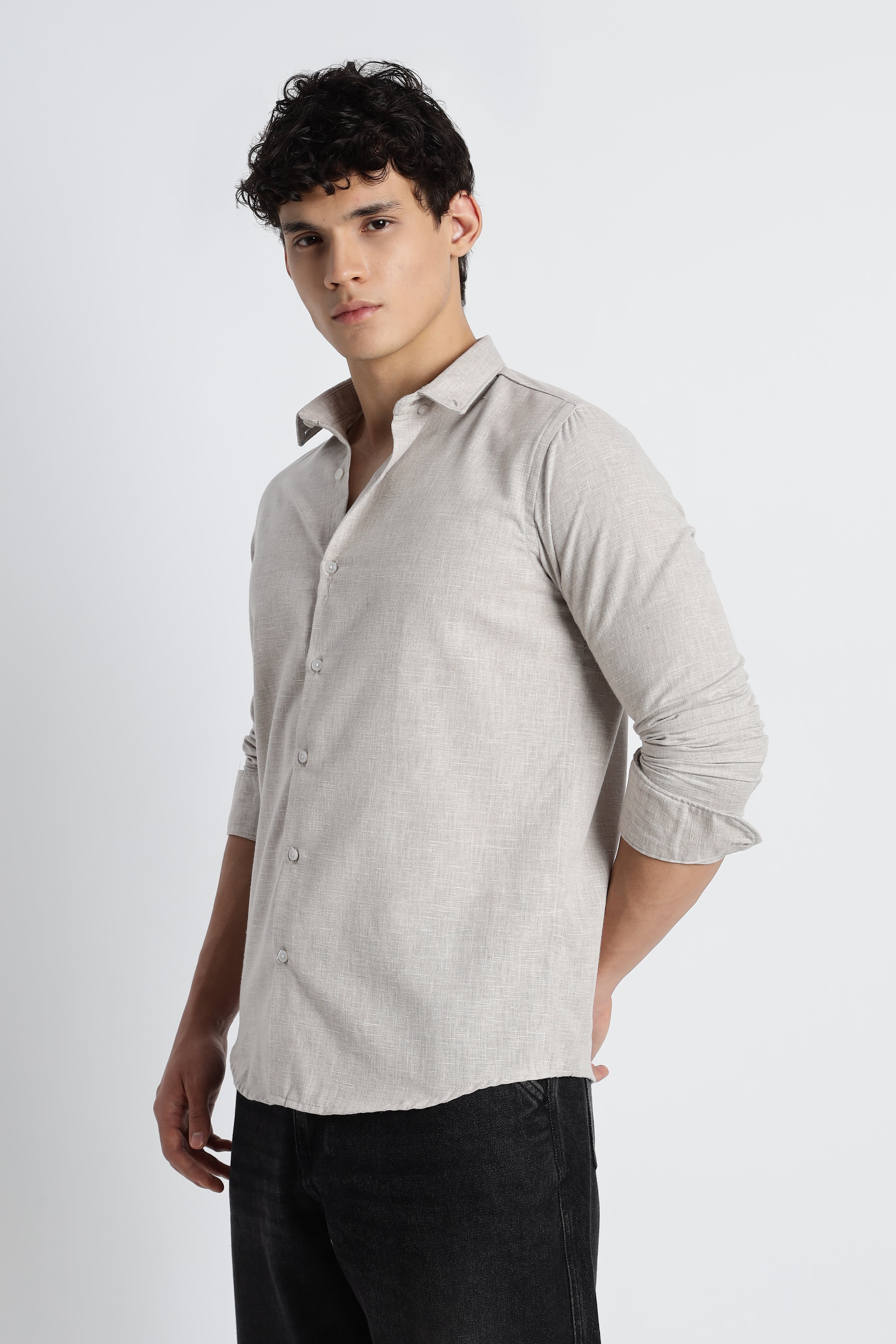 Men Milange Linen Look Shirts-Beige