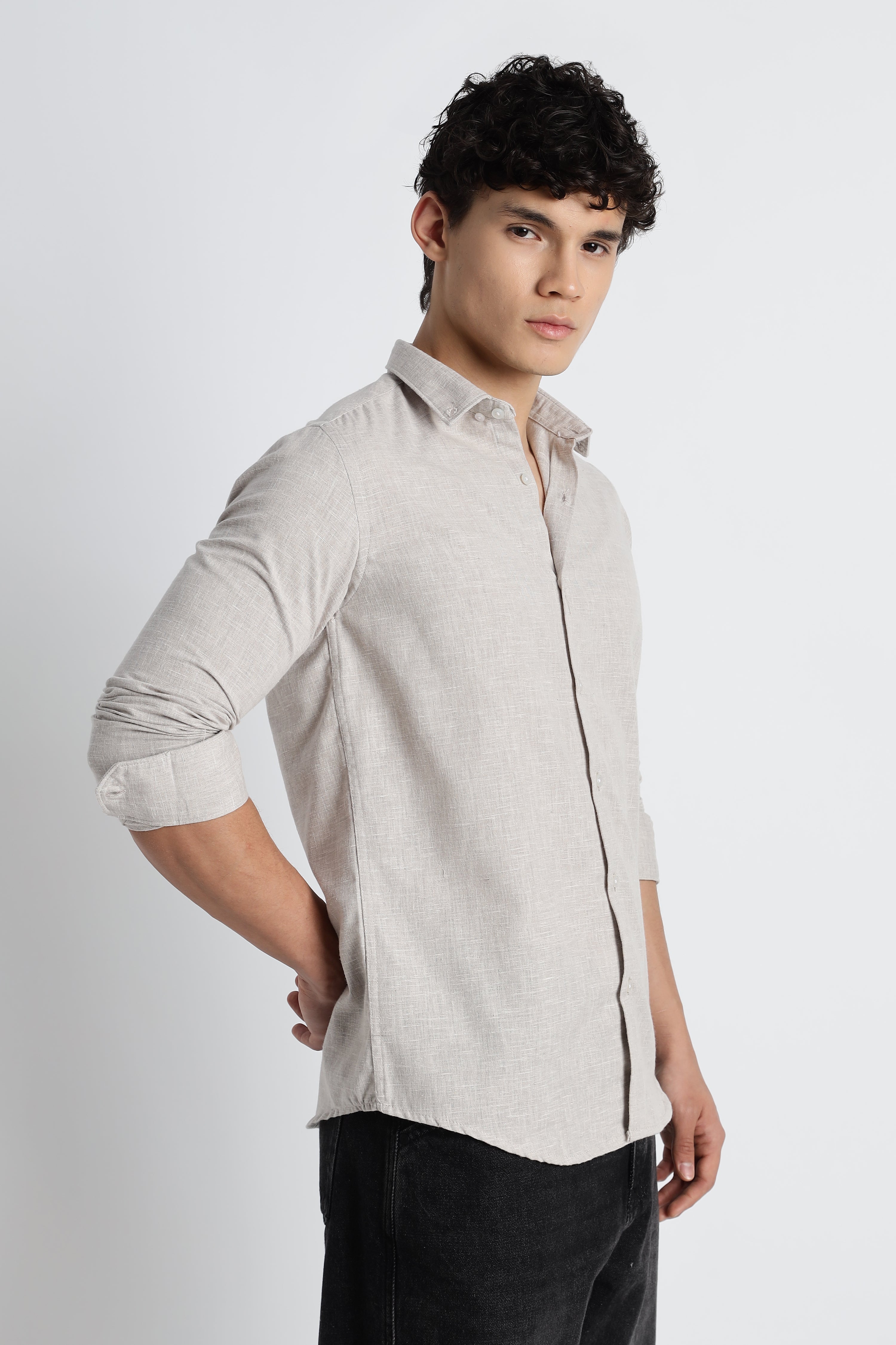 Men Milange Linen Look Shirts-Beige