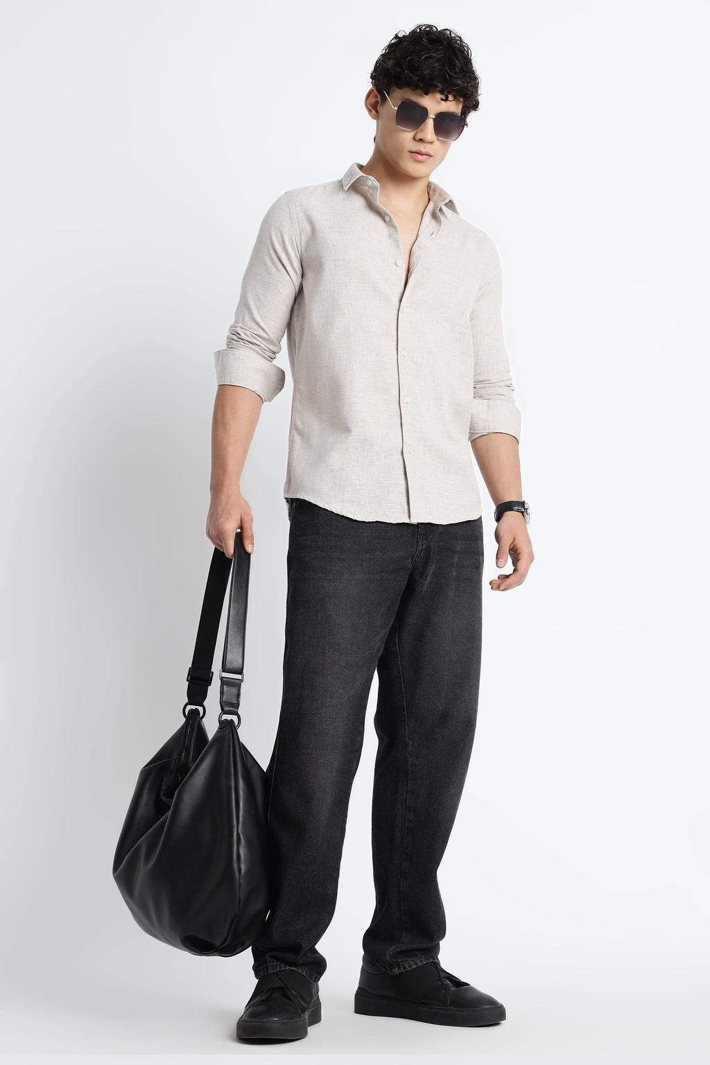Men Milange Linen Look Shirts-Beige