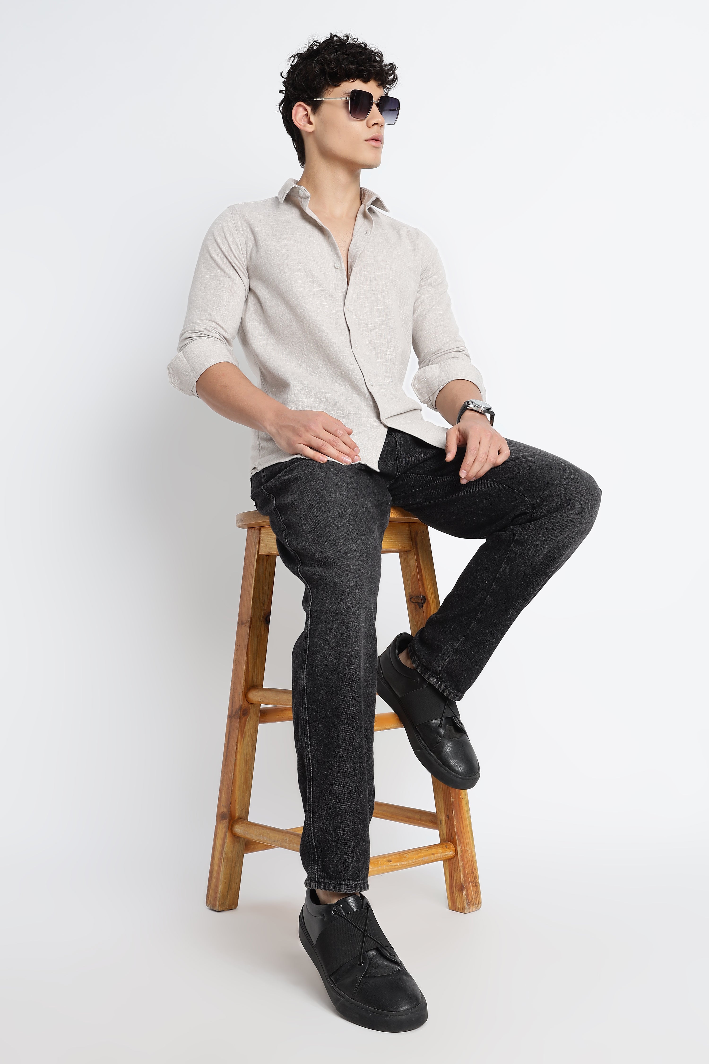 Men Milange Linen Look Shirts-Beige