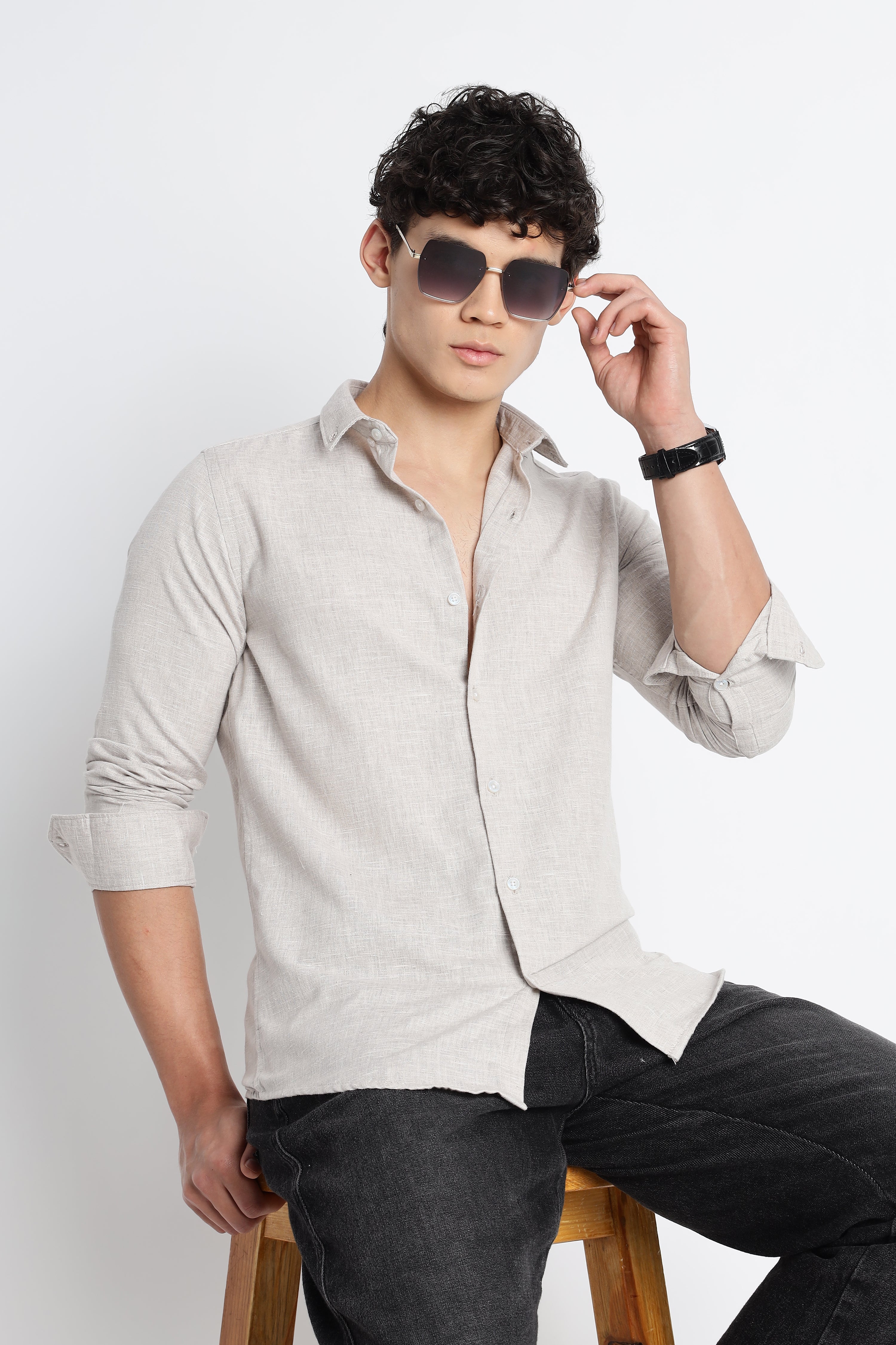 Men Milange Linen Look Shirts-Beige