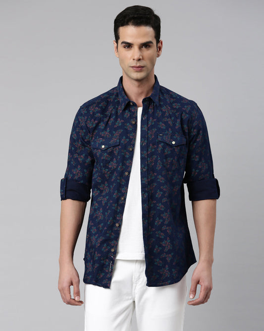 Men's Slim Fit Indigo Printed Shirt
