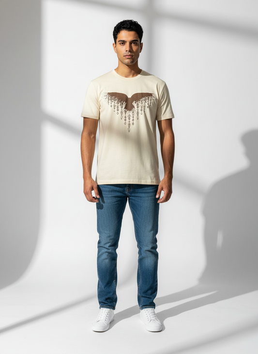 Cream Round Neck T-Shirt - Bio Wash Cotton