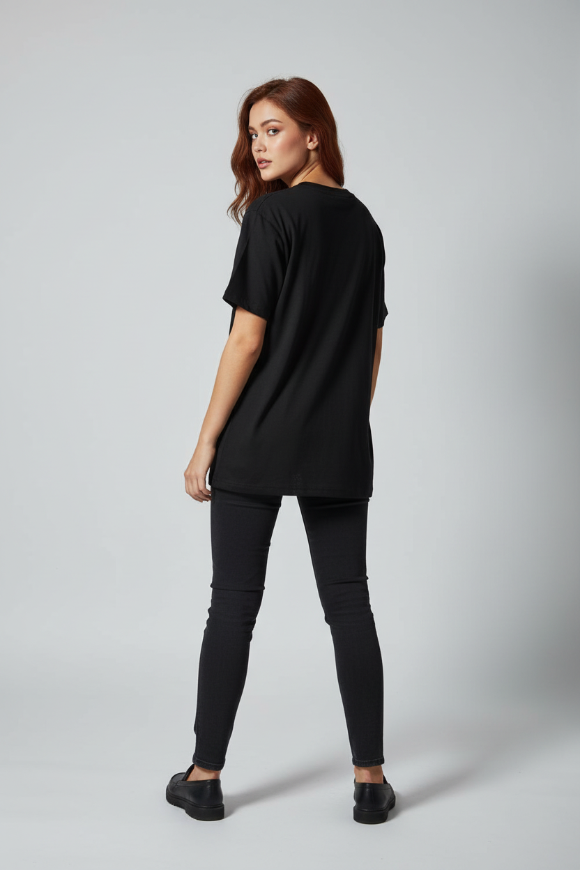 Black Round Neck T-Shirt - Women 100% Cotton Bio Wash