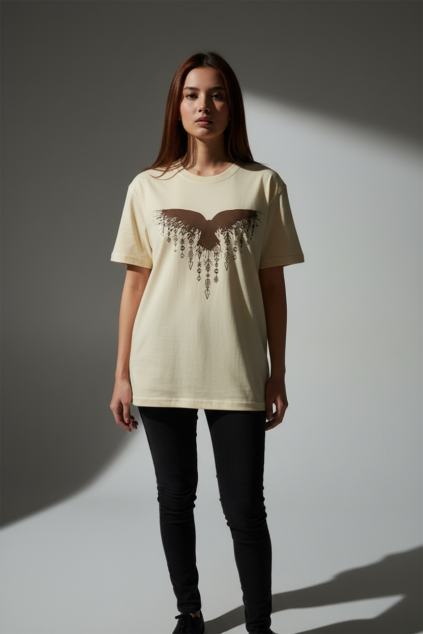 Women Cream Round Neck T-Shirt - 100% Cotton Bio Wash