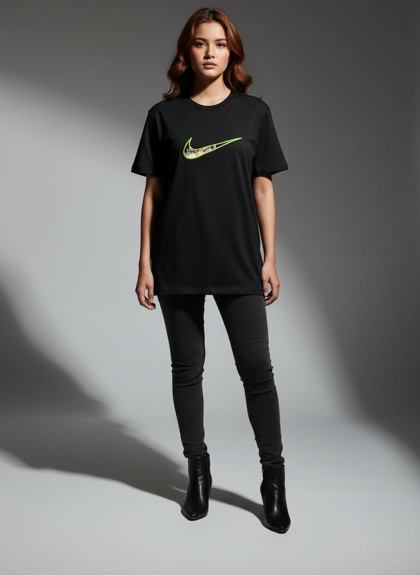 Black Round Neck T-Shirt - Women 100% Cotton Bio Wash