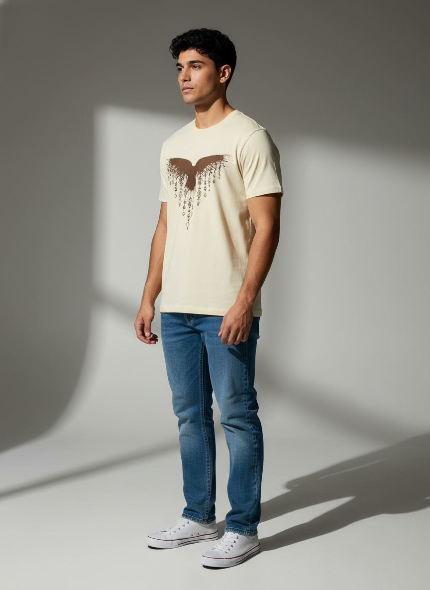 Men's Cream Bio-Wash Cotton Round Neck T-Shirt – Premium Everyday Tee | The Modvue