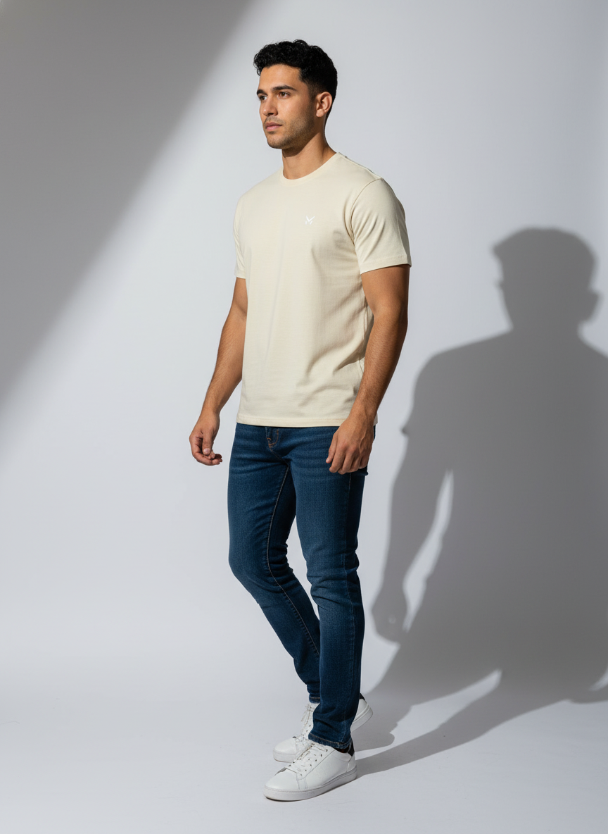 Cream Round Neck Bio Wash Single Jersey