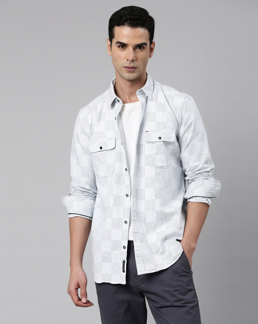 Light Grey Checkered Denim Shirt