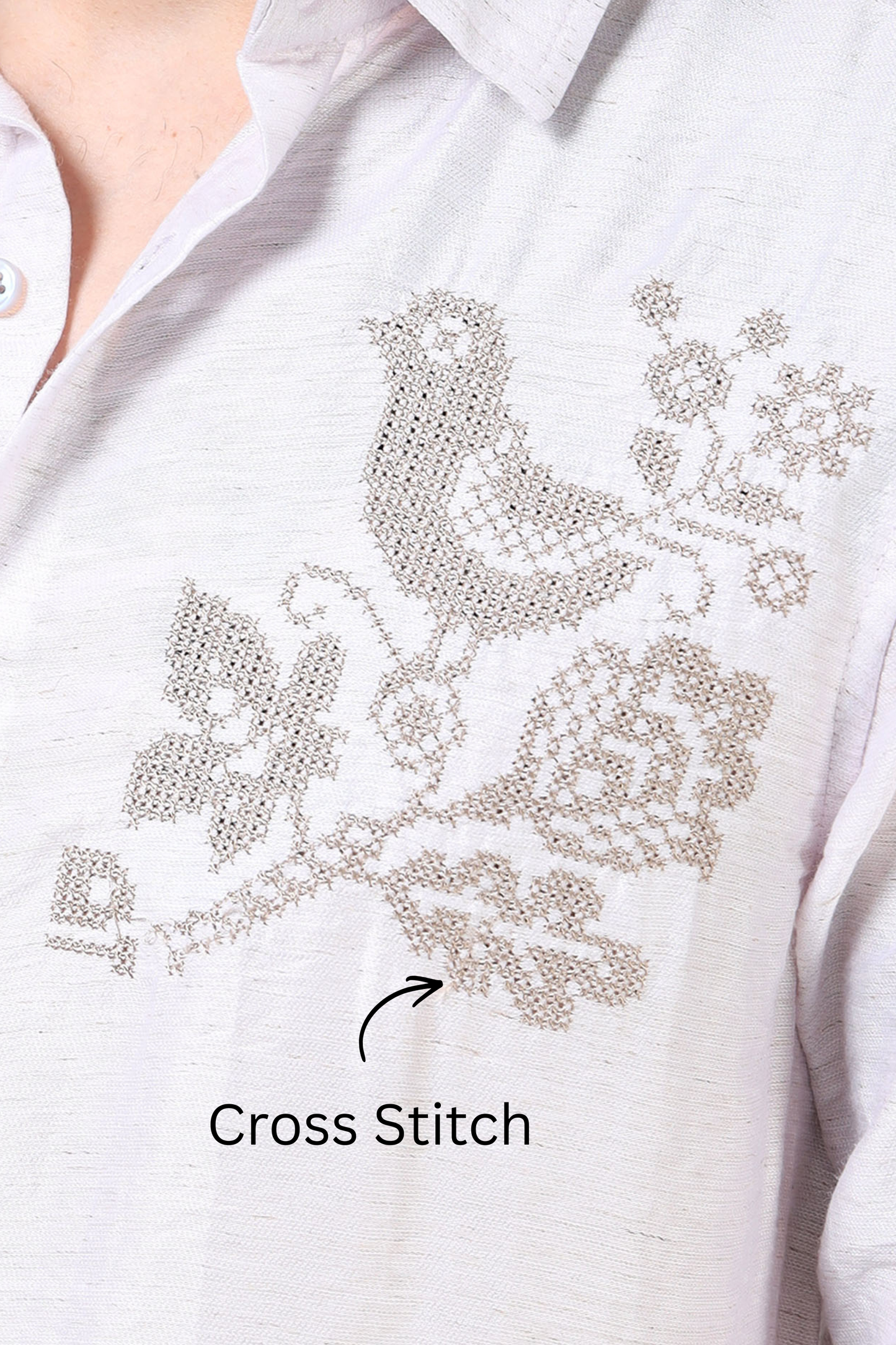 Men’s Light Lavender Textured Cotton Casual Shirt with Bird Embroidery