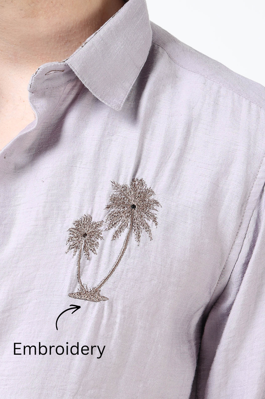 Men’s Lavender Textured Cotton Casual Shirt with Palm Tree Embroidery
