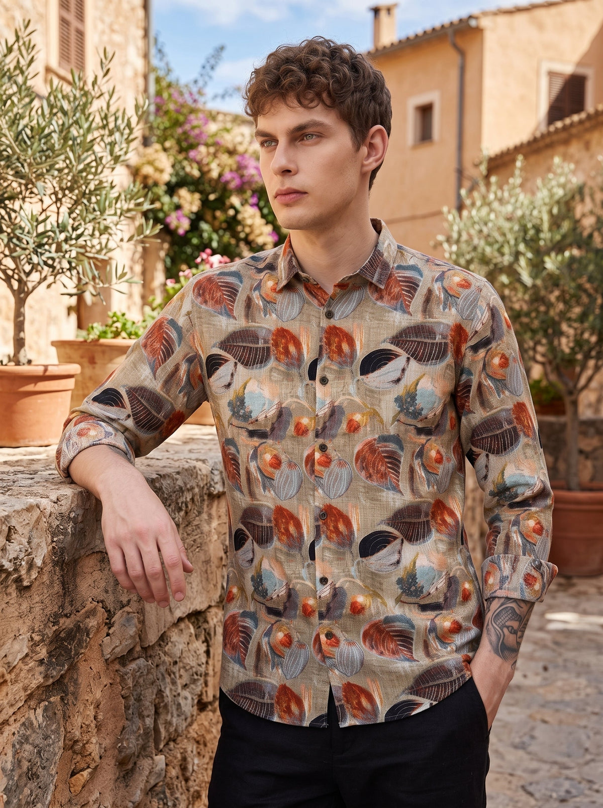 Brown Botanical Print Shirt