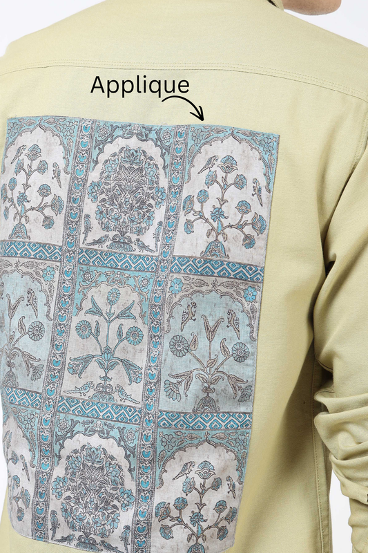 Men’s Light Olive Cotton Casual Shirt with Blue Contrast Prinetd Pocket