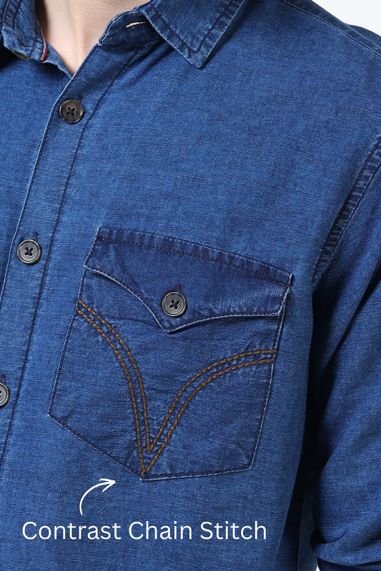Men’s Indigo Blue Denim Cotton Utility Shirt with Dual Flap Pockets