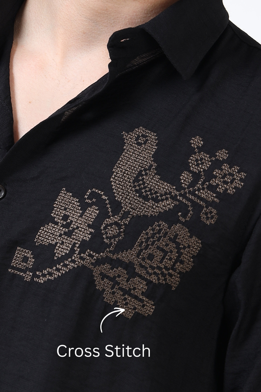 Men’s Black Textured Cotton Casual Shirt with Bird Embroidery Detailing