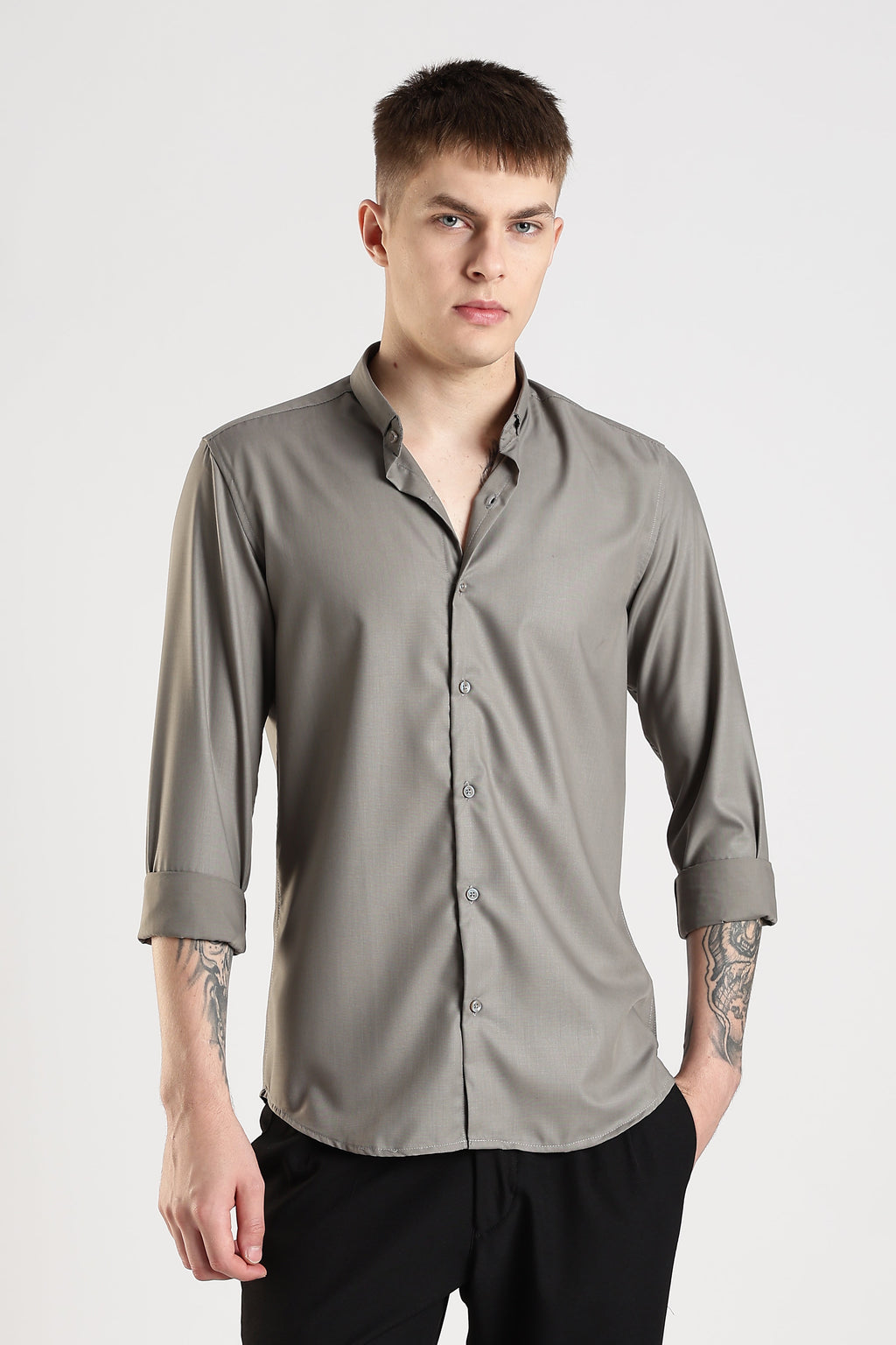 Men Liquid Nylon Plain Shirts-Dk Grey