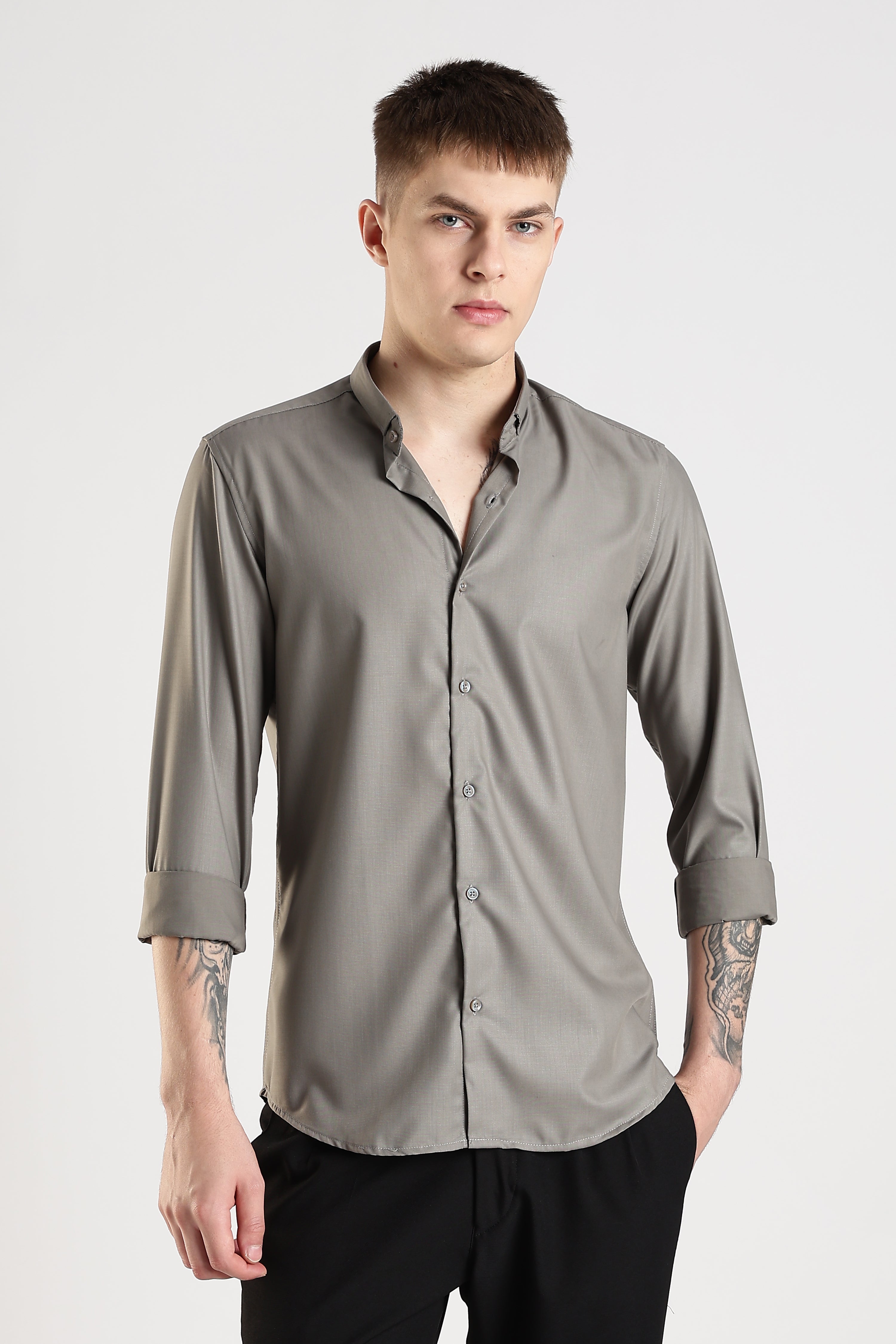 Men Liquid Nylon Plain Shirts-Dk Grey