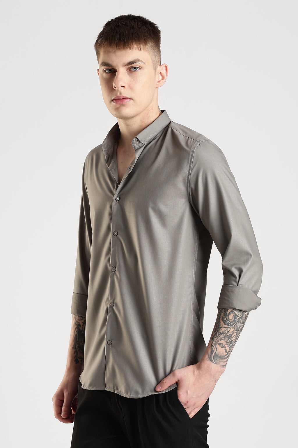 Men Liquid Nylon Plain Shirts-Dk Grey