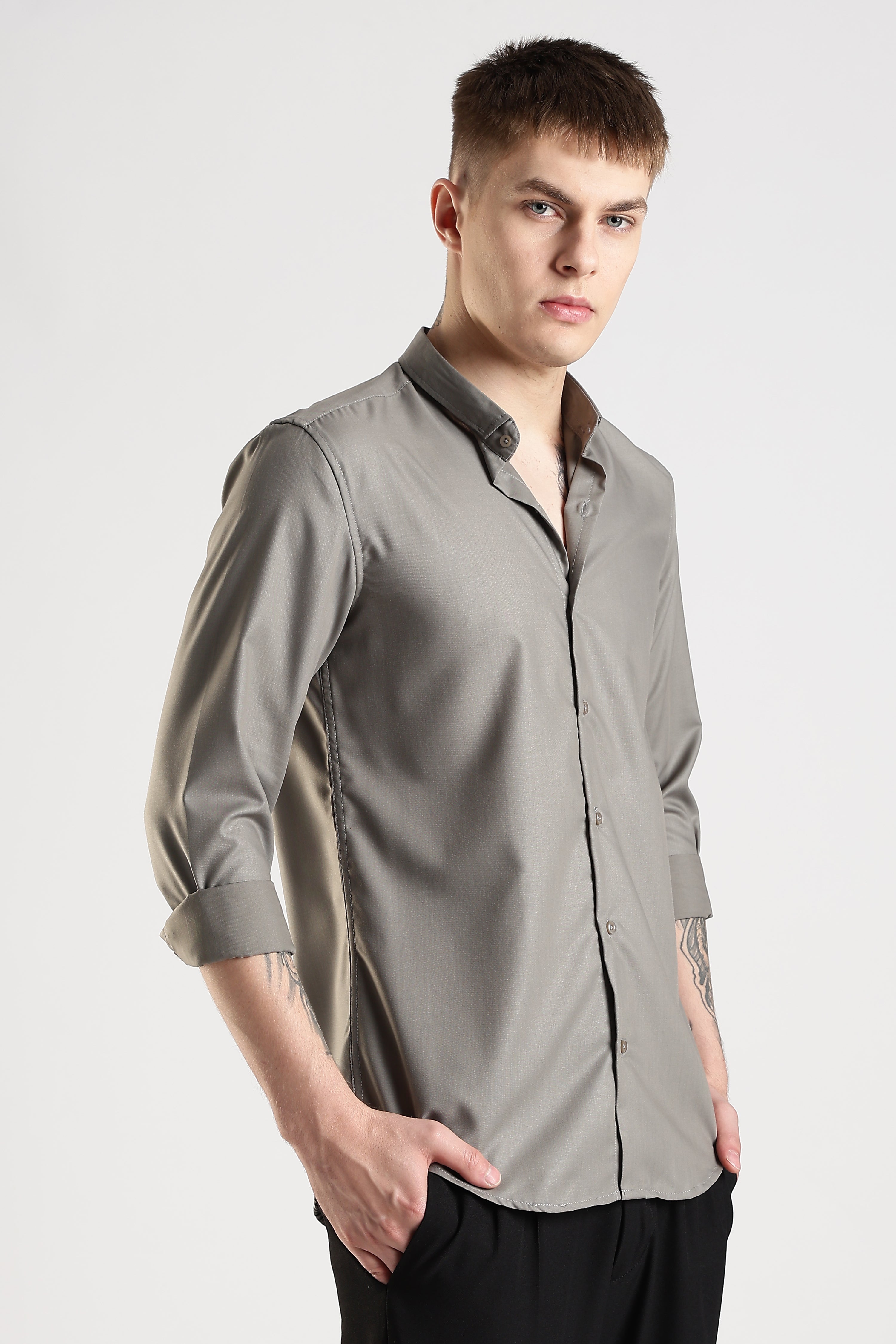 Men Liquid Nylon Plain Shirts-Dk Grey