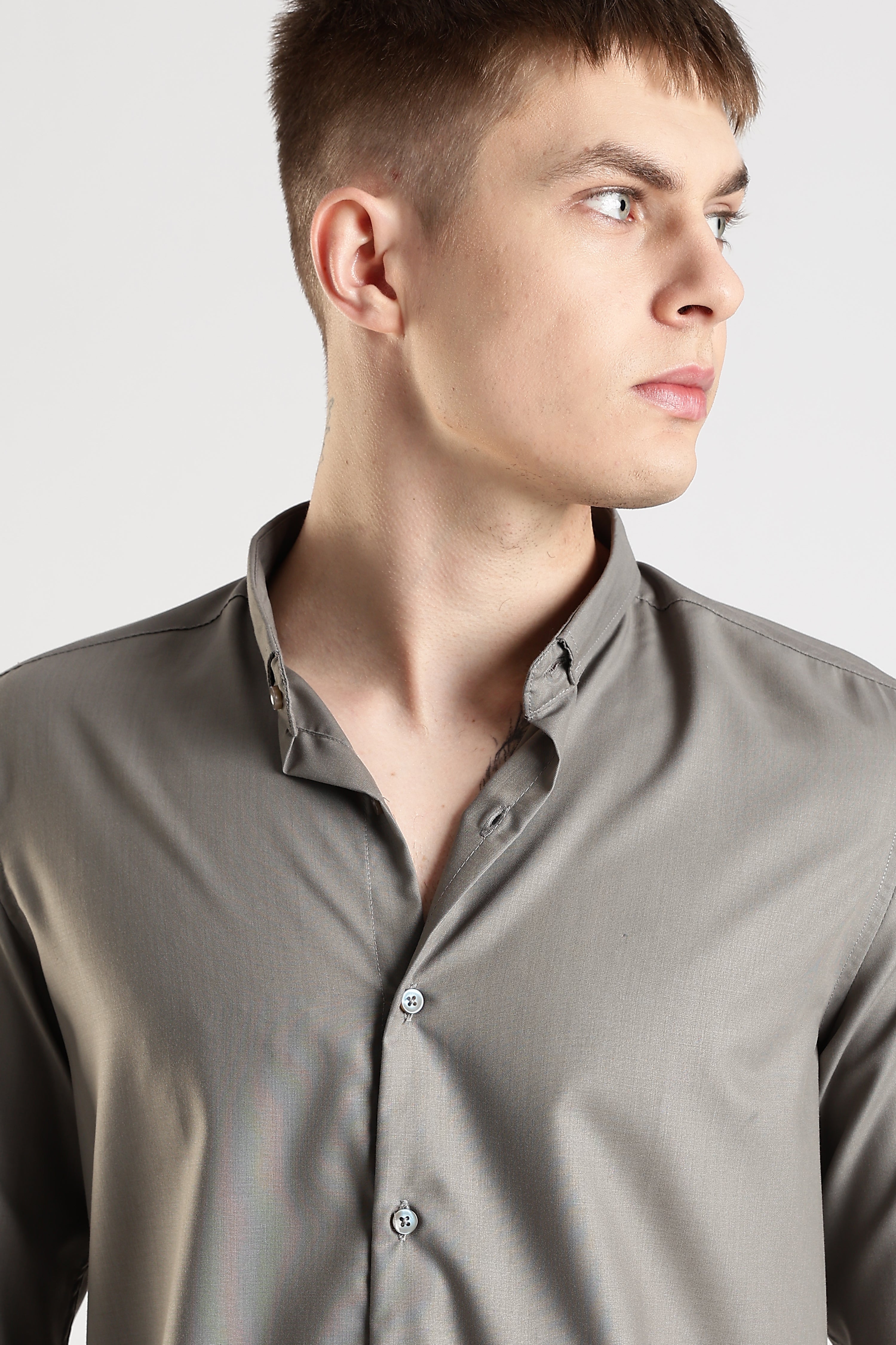 Men Liquid Nylon Plain Shirts-Dk Grey