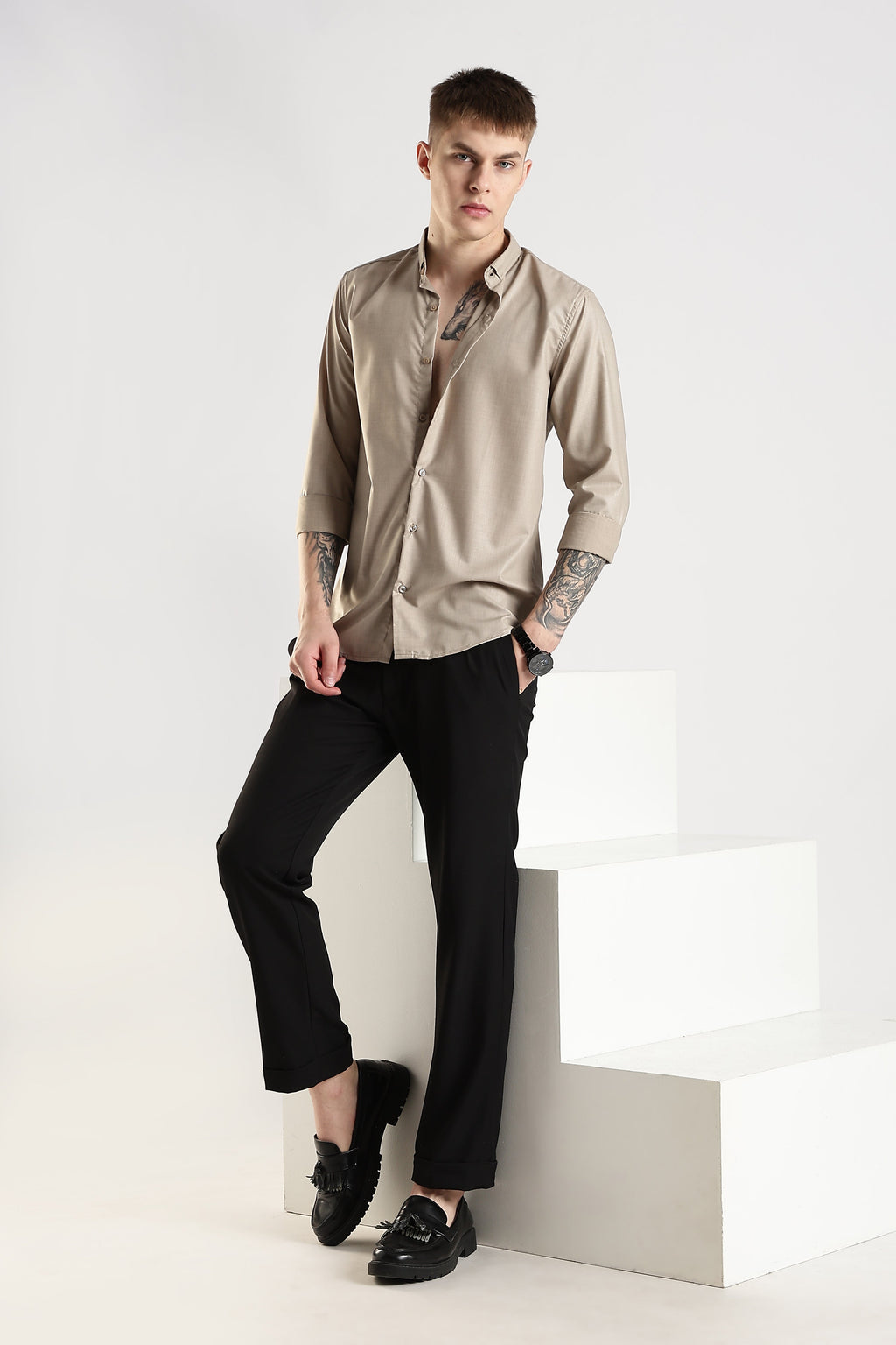 Men Liquid Nylon Plain Shirts-Fawn