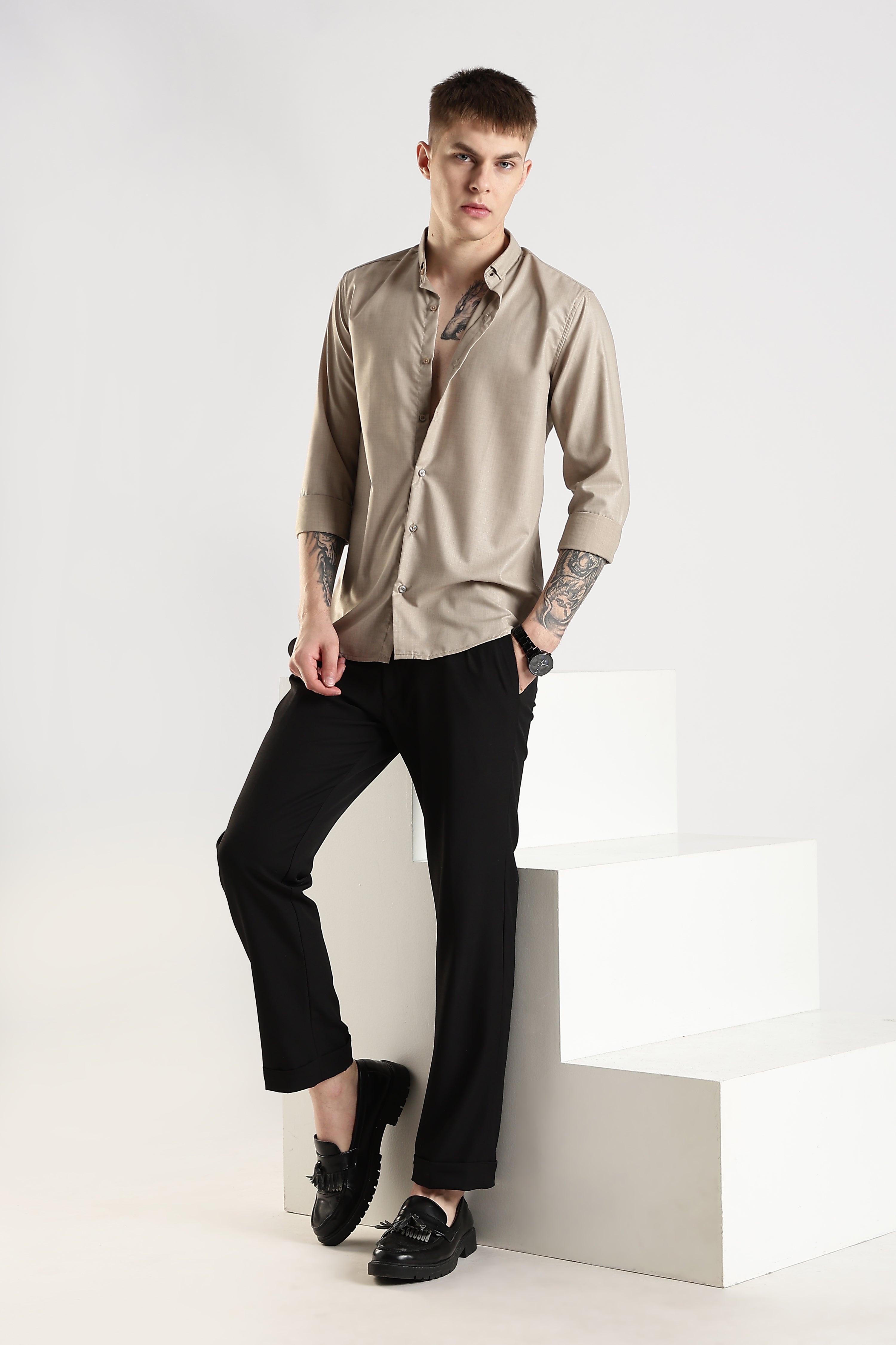 Men Liquid Nylon Plain Shirts-Fawn