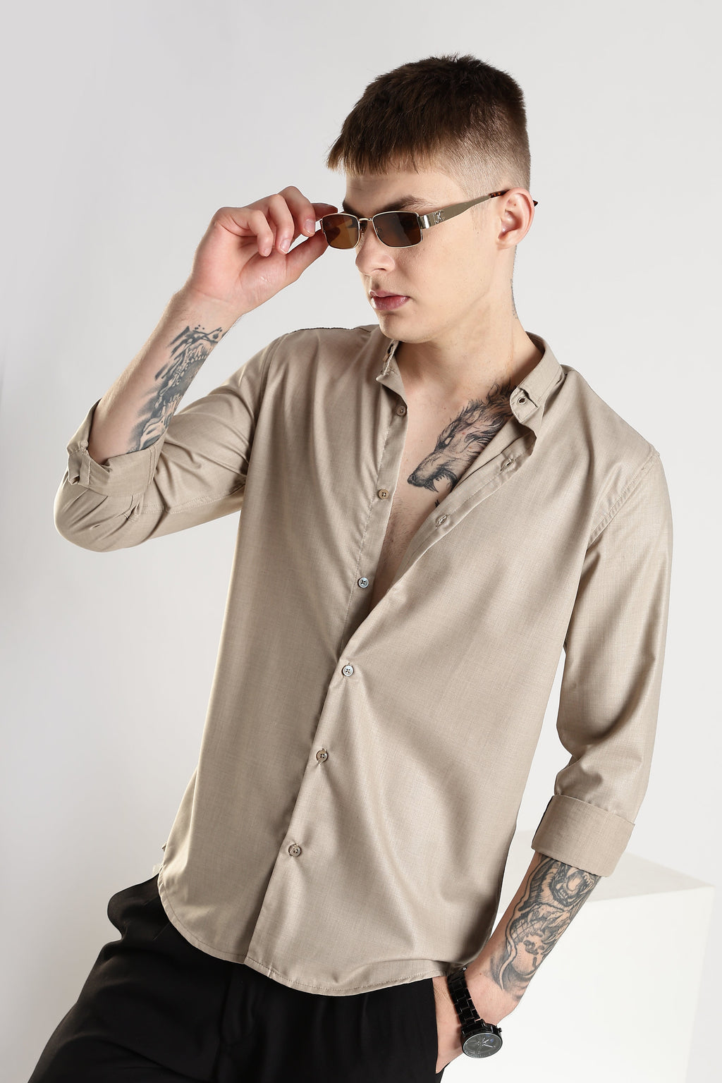 Men Liquid Nylon Plain Shirts-Fawn