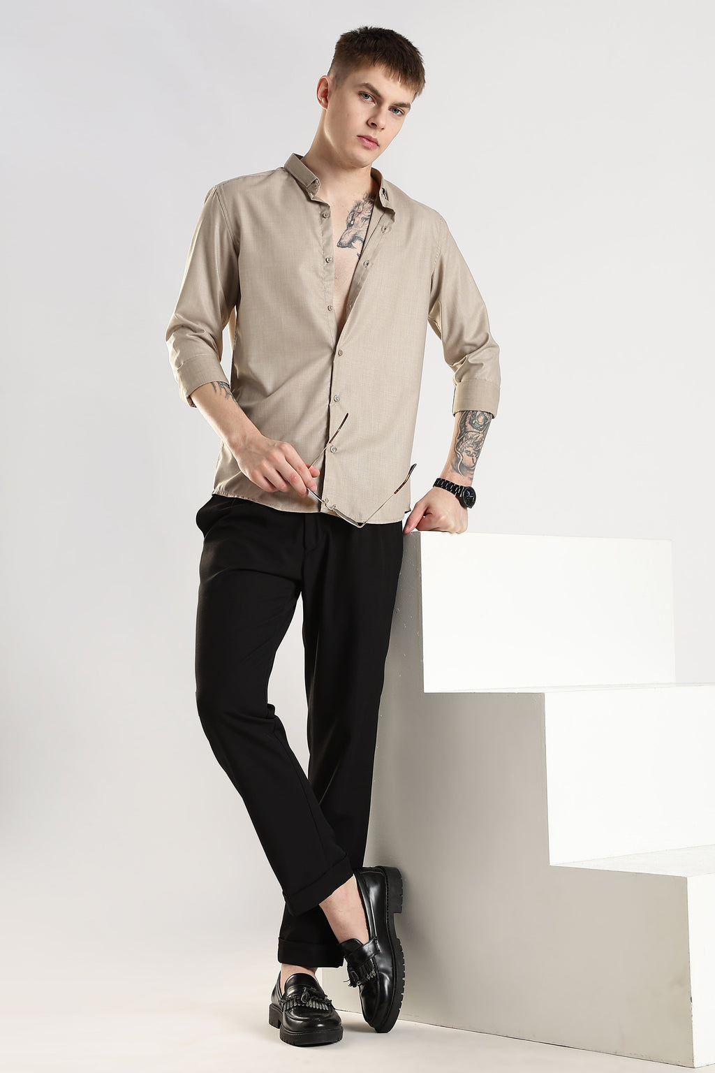 Men Liquid Nylon Plain Shirts-Fawn