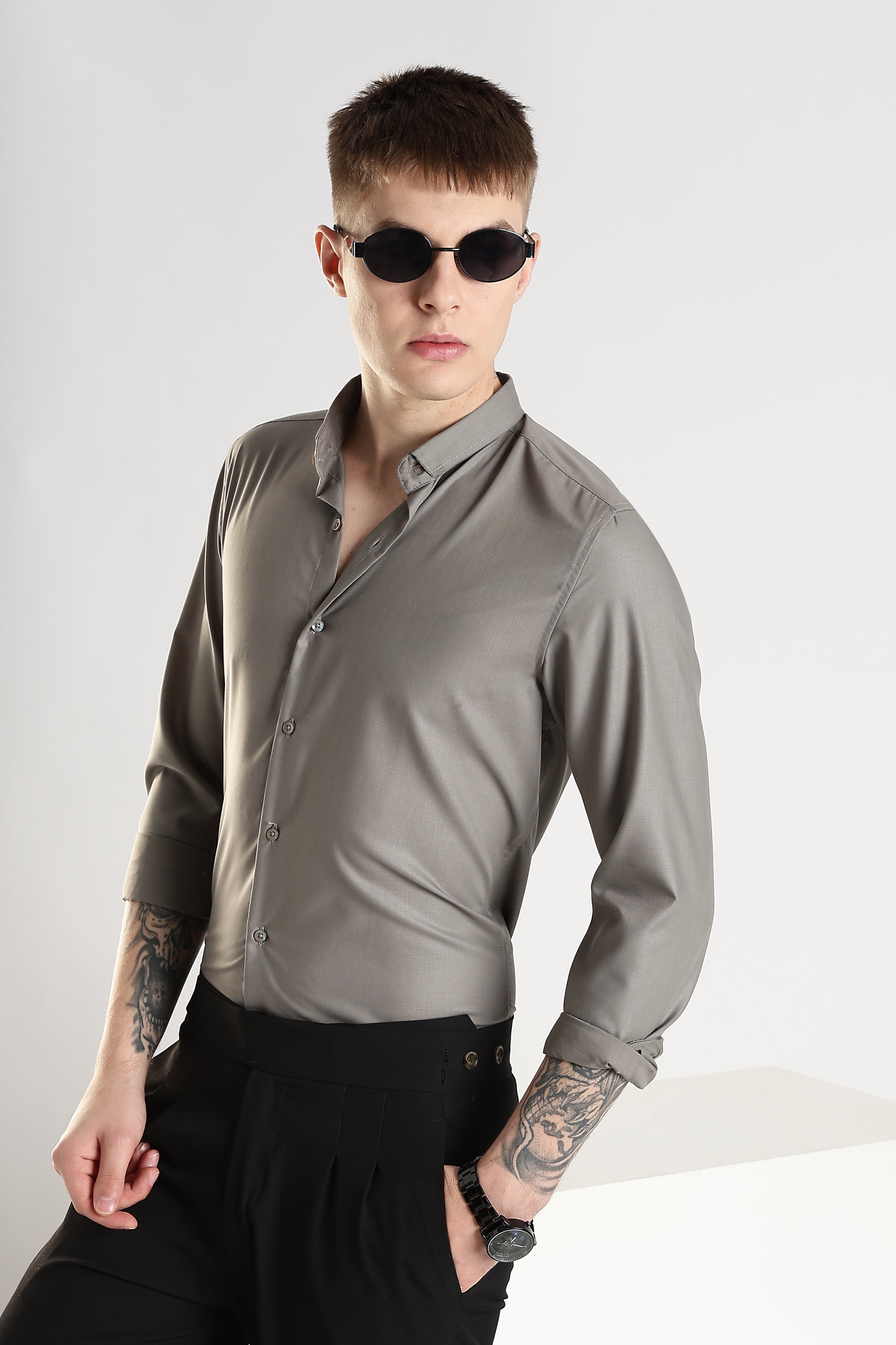 Men Liquid Nylon Plain Shirts-Dk Grey