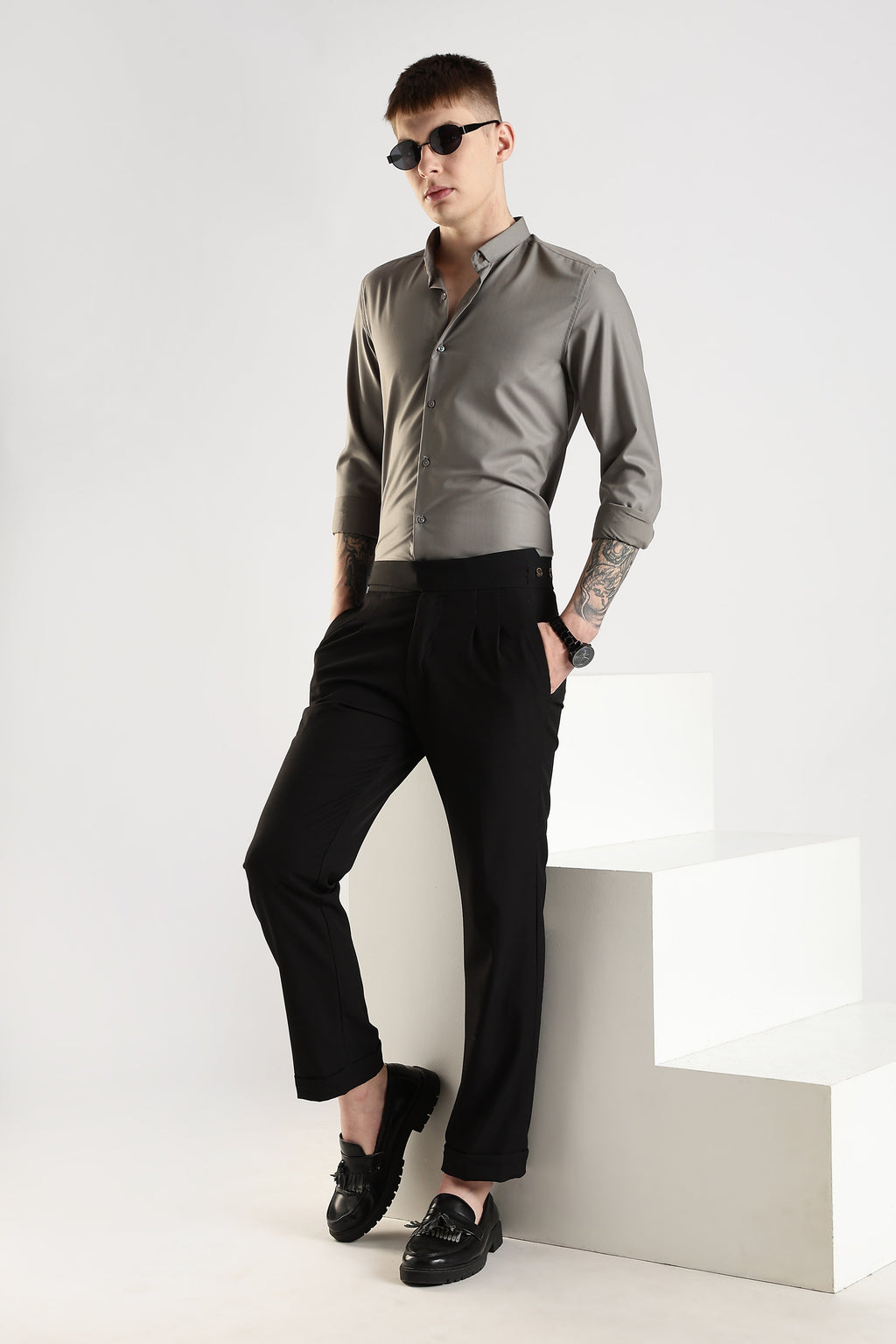 Men Liquid Nylon Plain Shirts-Dk Grey